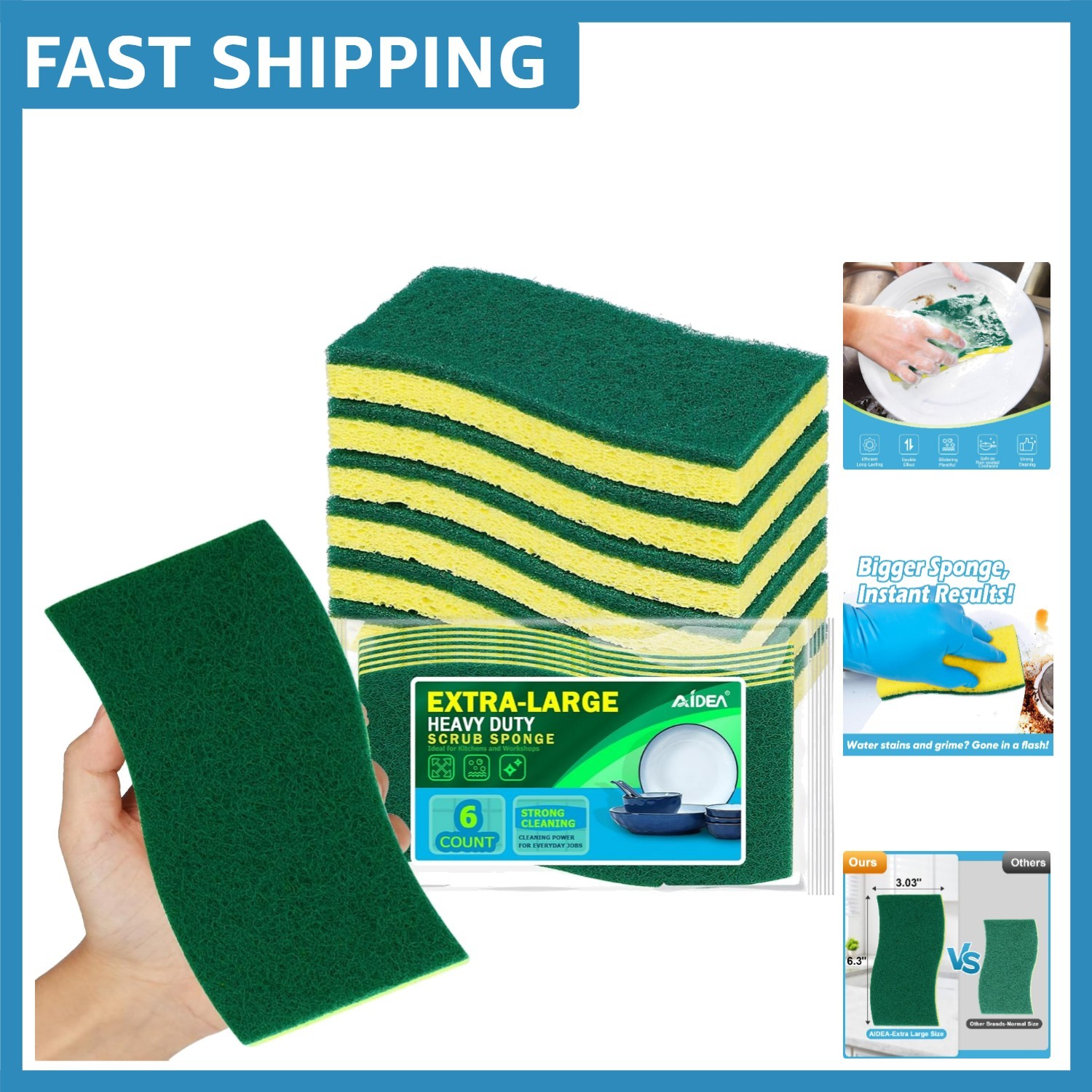 Dual-Sided Extra Large Scrub Sponges – 6 Count for All Surfaces and Cookware