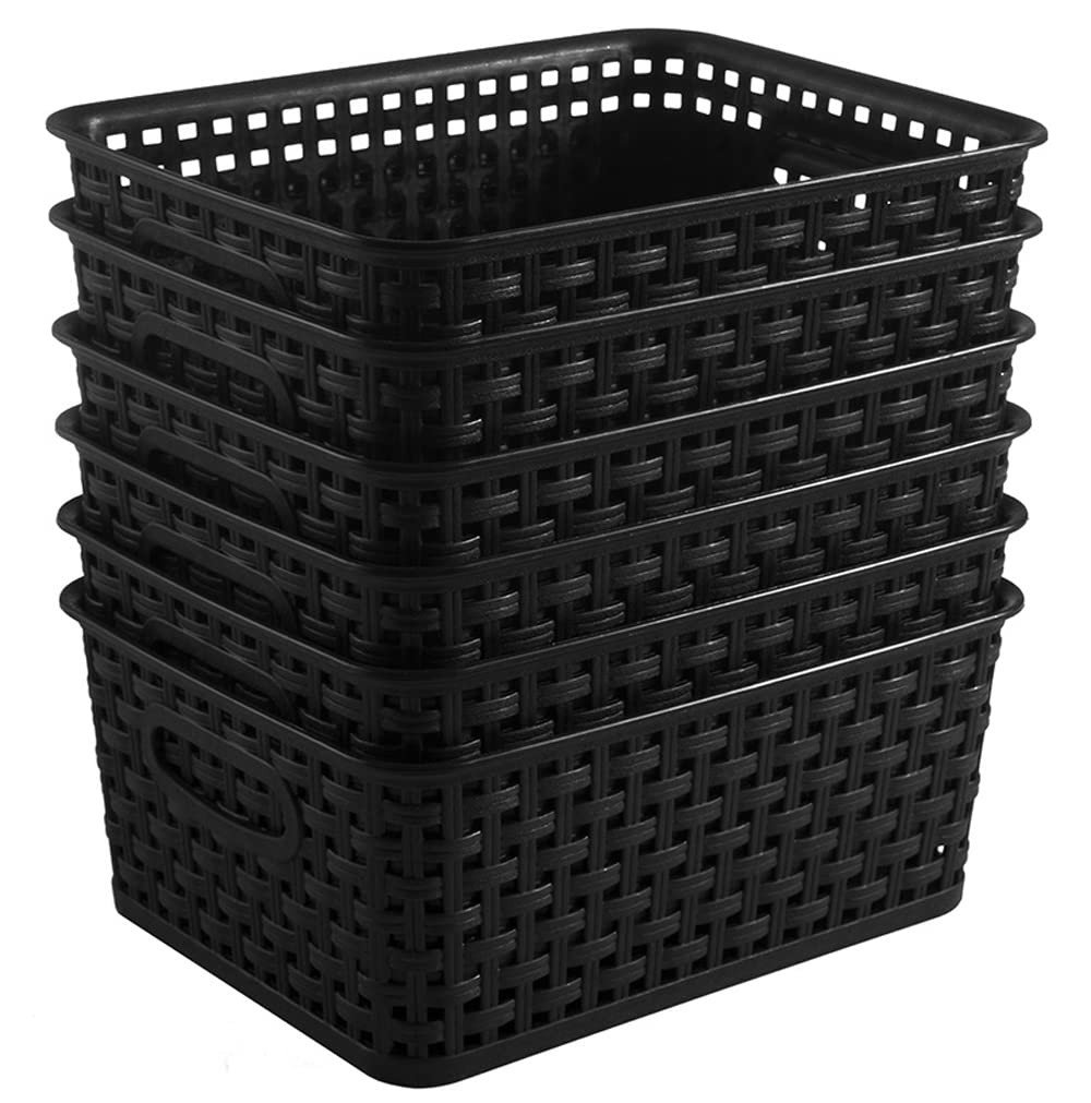 6 Pack Black Plastic Woven Storage Baskets Weave Organizer Kitchen Office Box