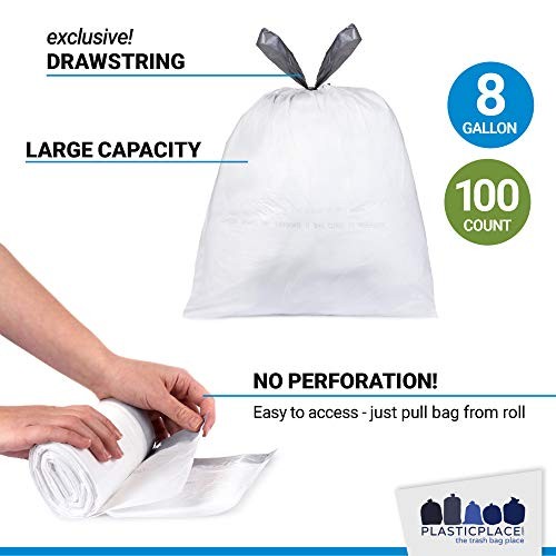 8 Gallon Trash Bags │ 0.7 Mil │ White Drawstring Garbage 200 Count (Pack of 1)