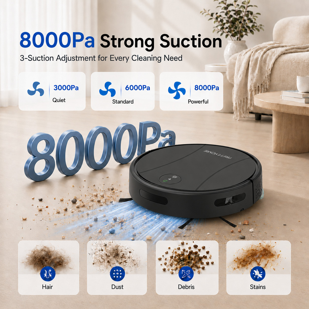 PrettyCare C2-v2 Robot Vacuum Mop Combo 8000Pa Suction 5200mAh, Black
