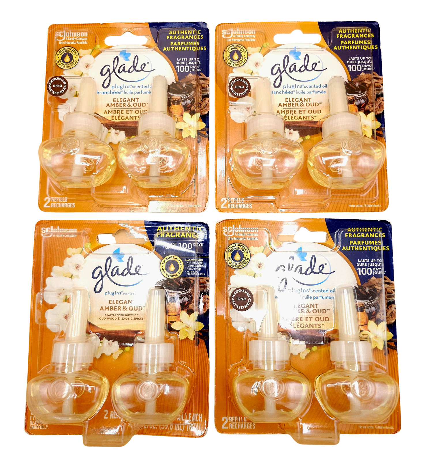 (4) Glade Plugins Refills Amber & Oud Wood Scented Oil 2-Packs w/ Essential Oils