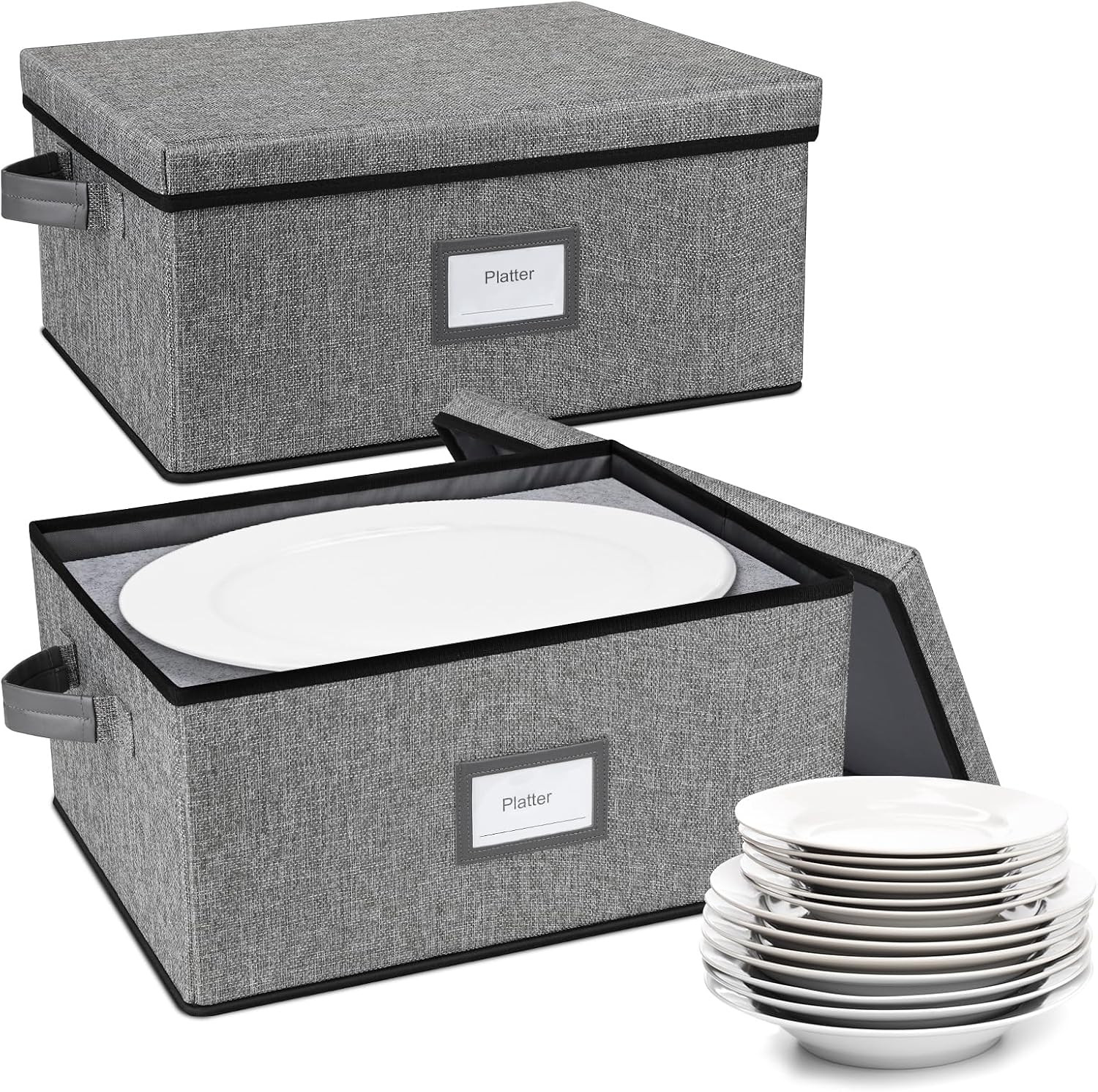 Stackable Platter Storage Case, Hard Shell Plate Containers with Dividers, 2-Pac