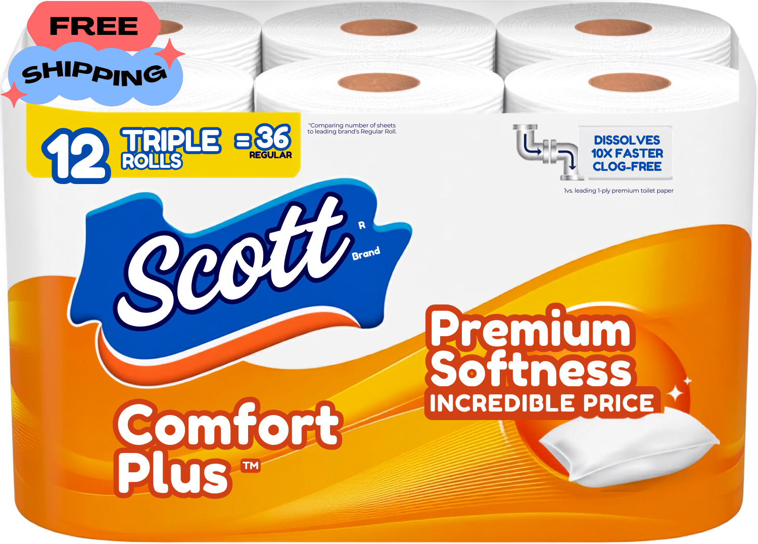 Scott Comfortplus Toilet Paper, 12 Triple Rolls, 231 Sheets per Roll, Septic-Saf