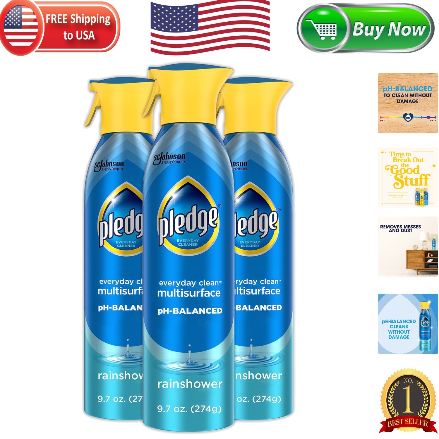 pH-Balanced Multisurface Spray 9.7oz – Pack of 3 with Rainshower Freshness
