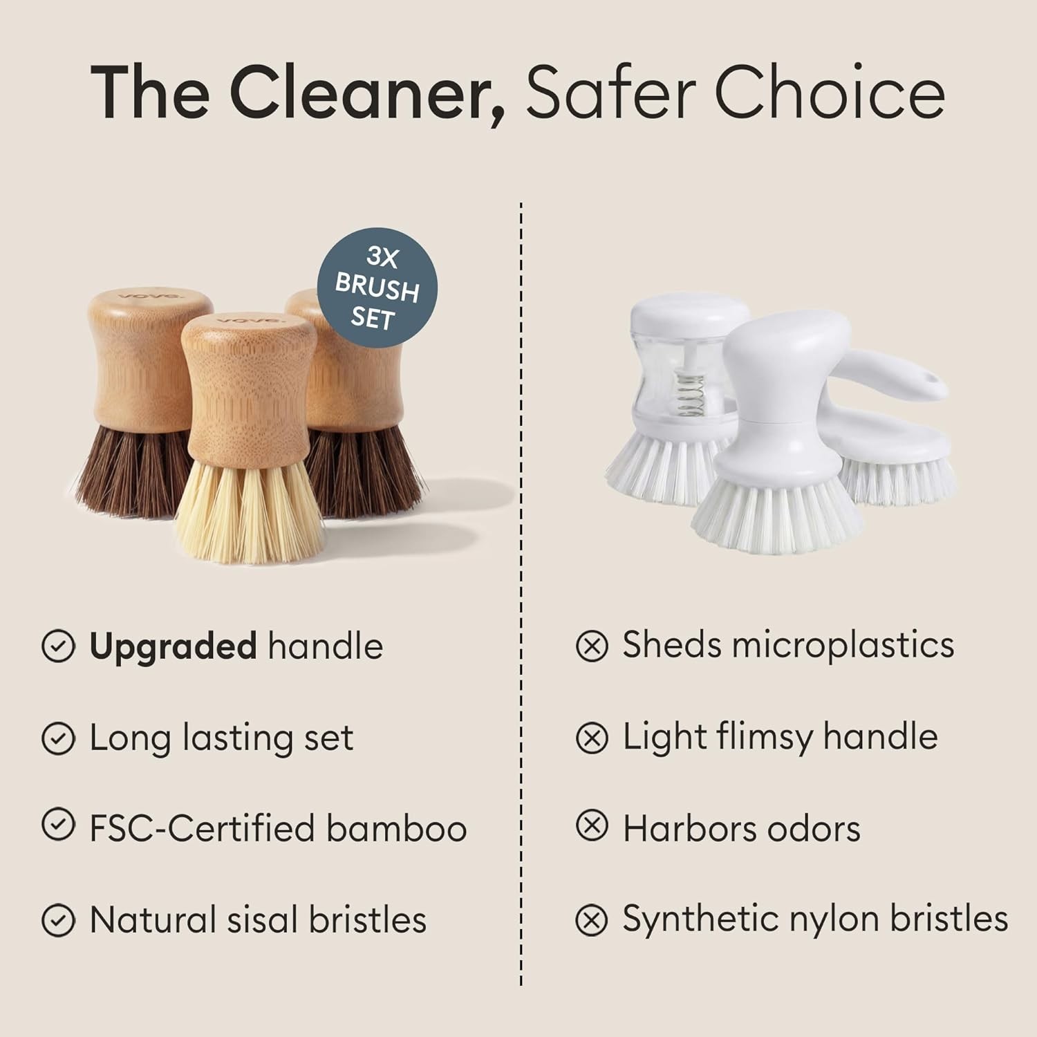 Bamboo Dish Scrub Brush Set, 3-Pack Plastic-Free Kitchen Brushes for Dishes P…