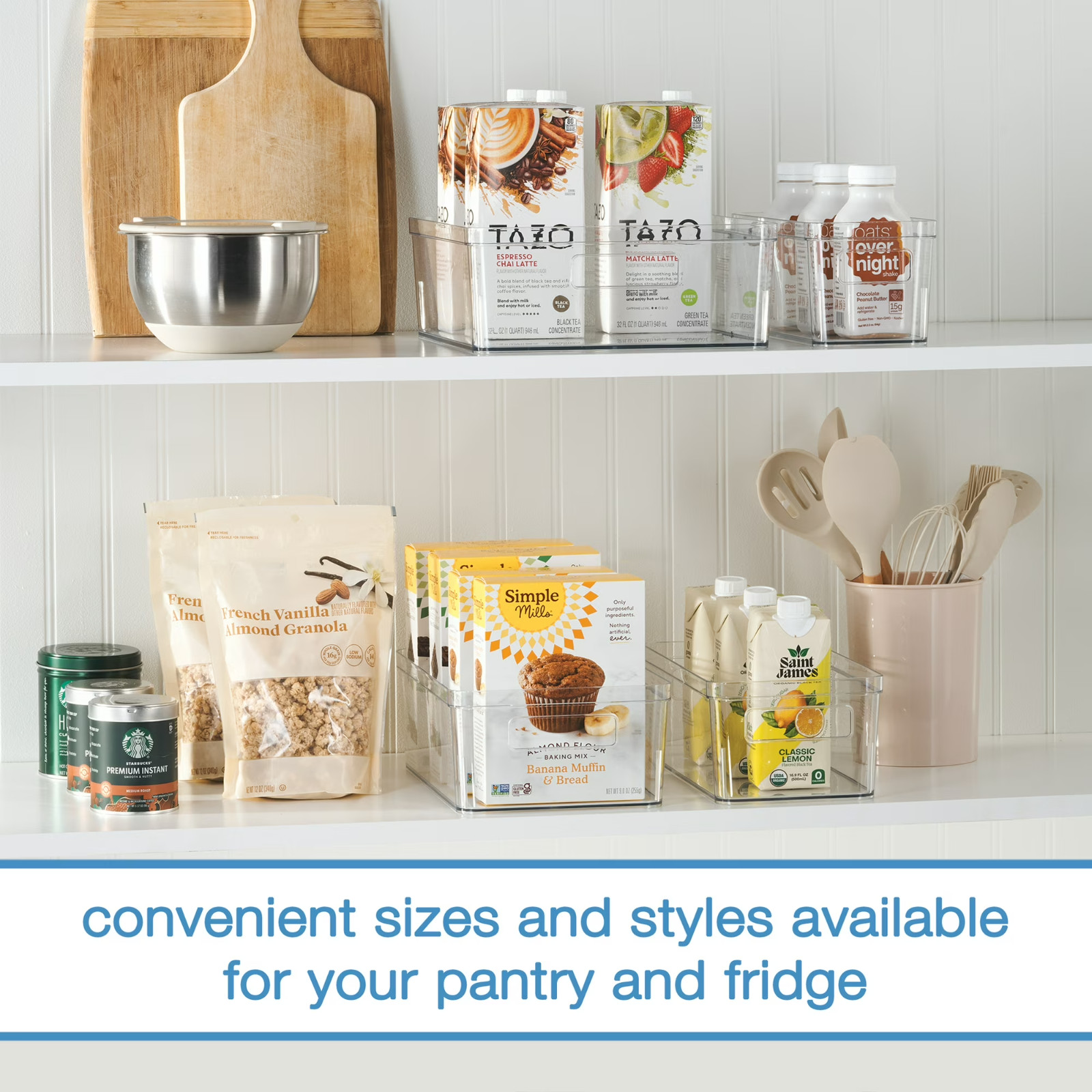 Medium Clear Plastic Pantry Storage Organizer Bin with Handles, 12 in x 6 in x