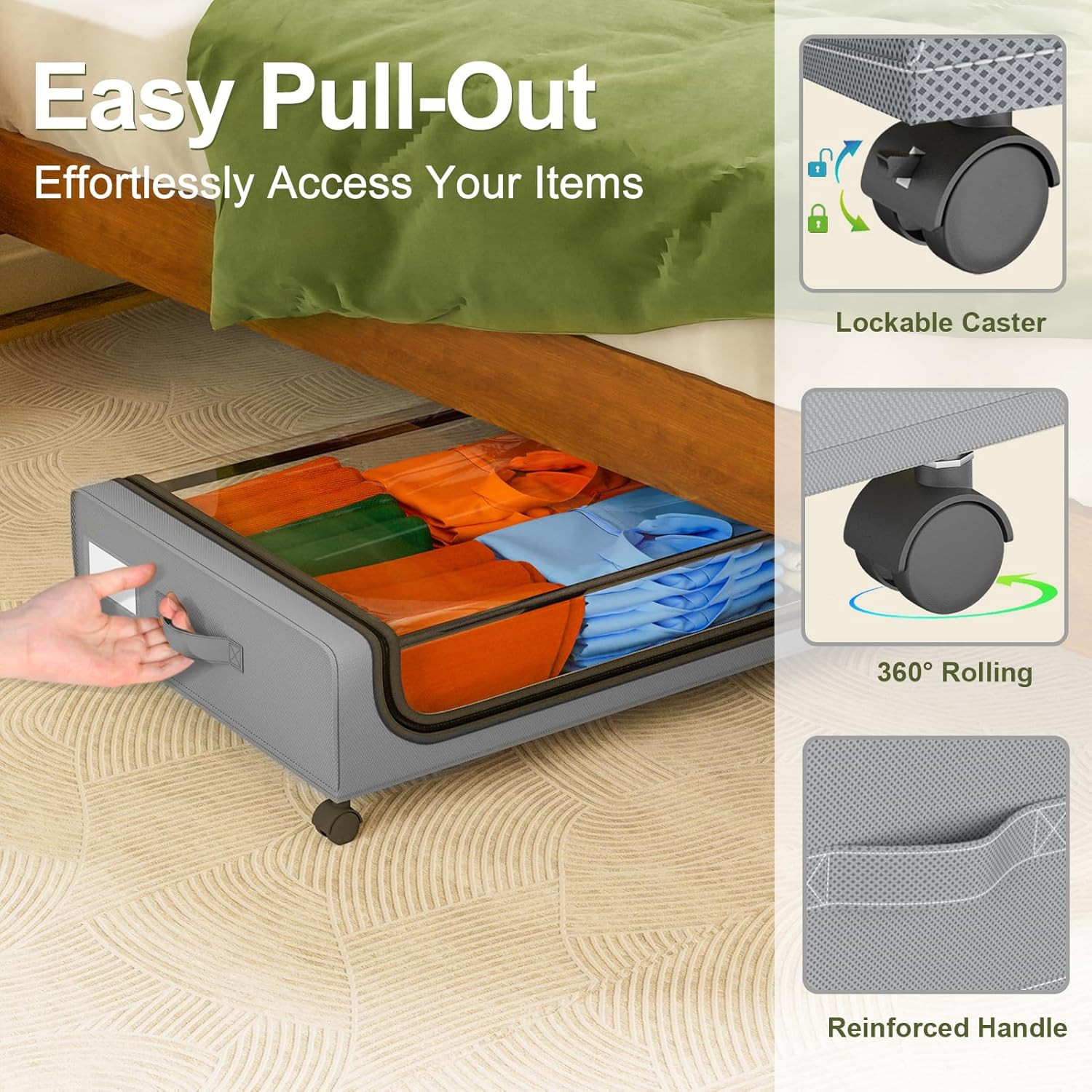 under Bed Storage with Wheels 48L Grey 2-Pack | Rolling Bins for Shoes Clothes i