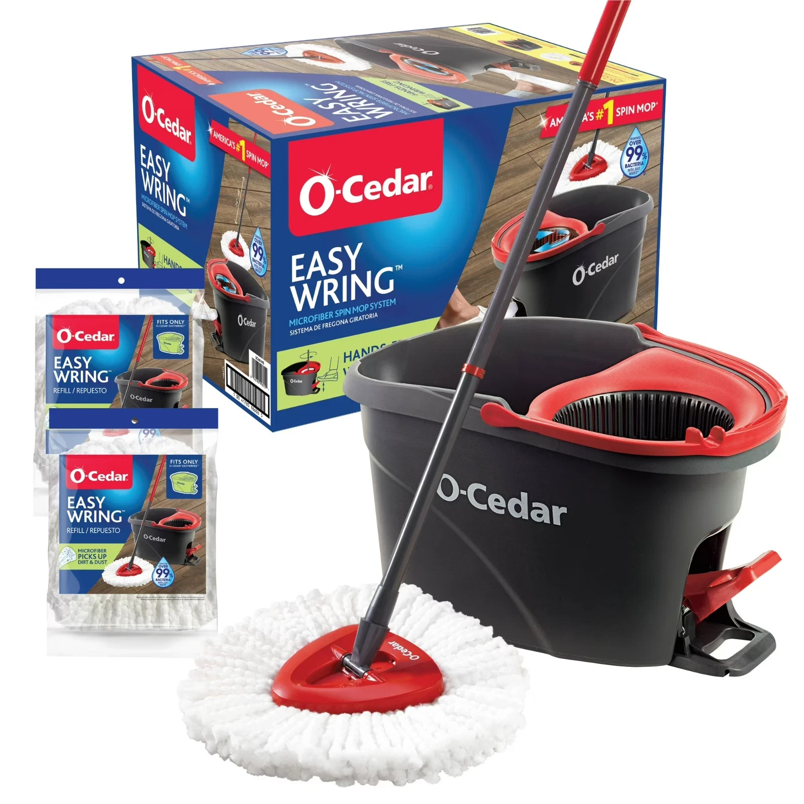 (2 Total Refills) O-Cedar EasyWring Microfiber Spin Mop & Bucket System- New