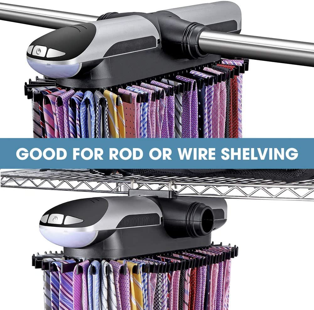 Motorized Tie Rack Closet Organizer with LED Lights Includes J Hooks for Wired S