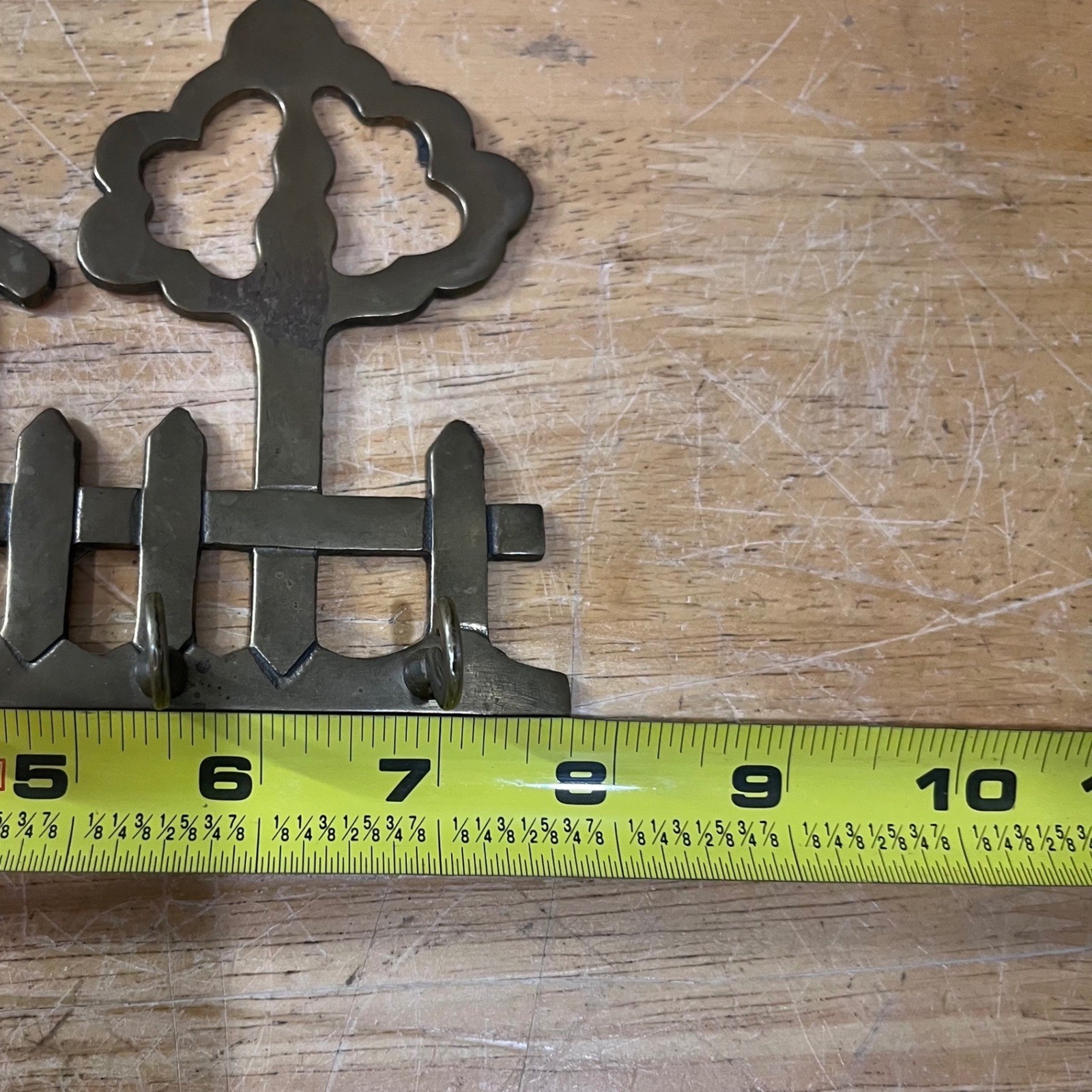 Vtg Solid Brass House Picket Fence Tree Wall Key Rack Hook Organizer 7.75in