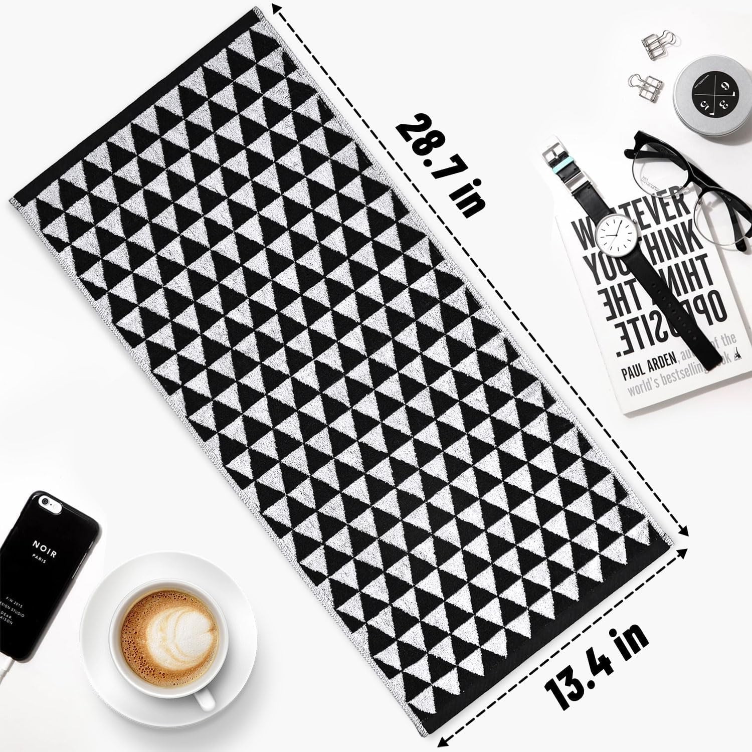 Black and White Hand Towels (Geometric Triangle), 4 Pack Cotton Soft Face Towel