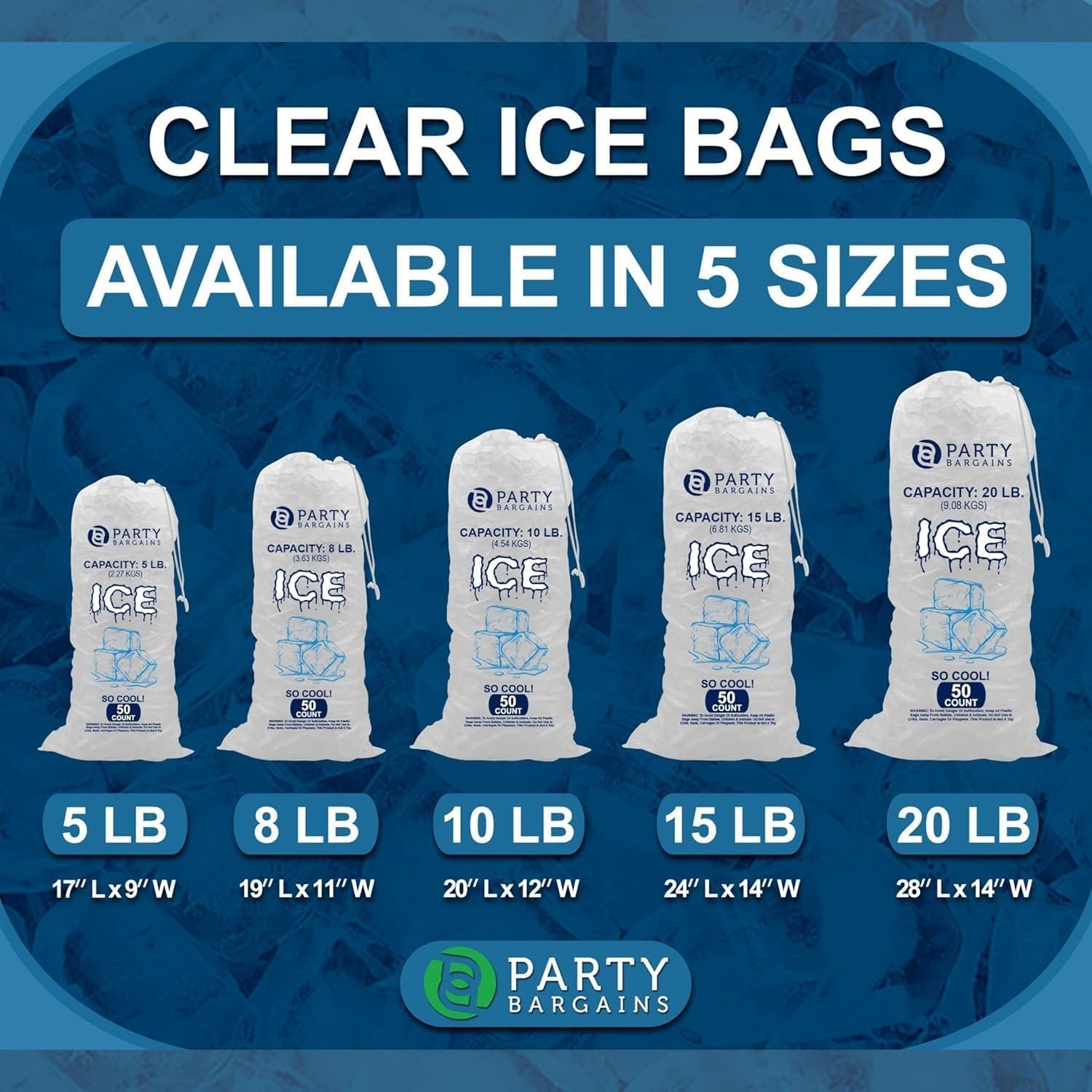 Party Bargains 8 lb Plastic Drawstring Ice Bags 50 Count 19″ x 08 LB, Clear