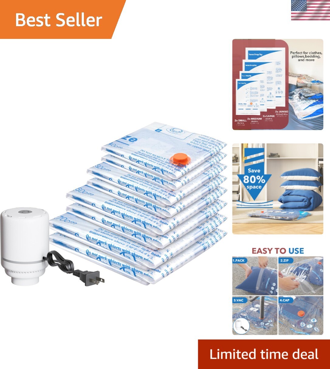 Vacuum Storage Bags with Electric Air Pump 8 Combo 2 Jumbo/2 Large/2 Medium/2…