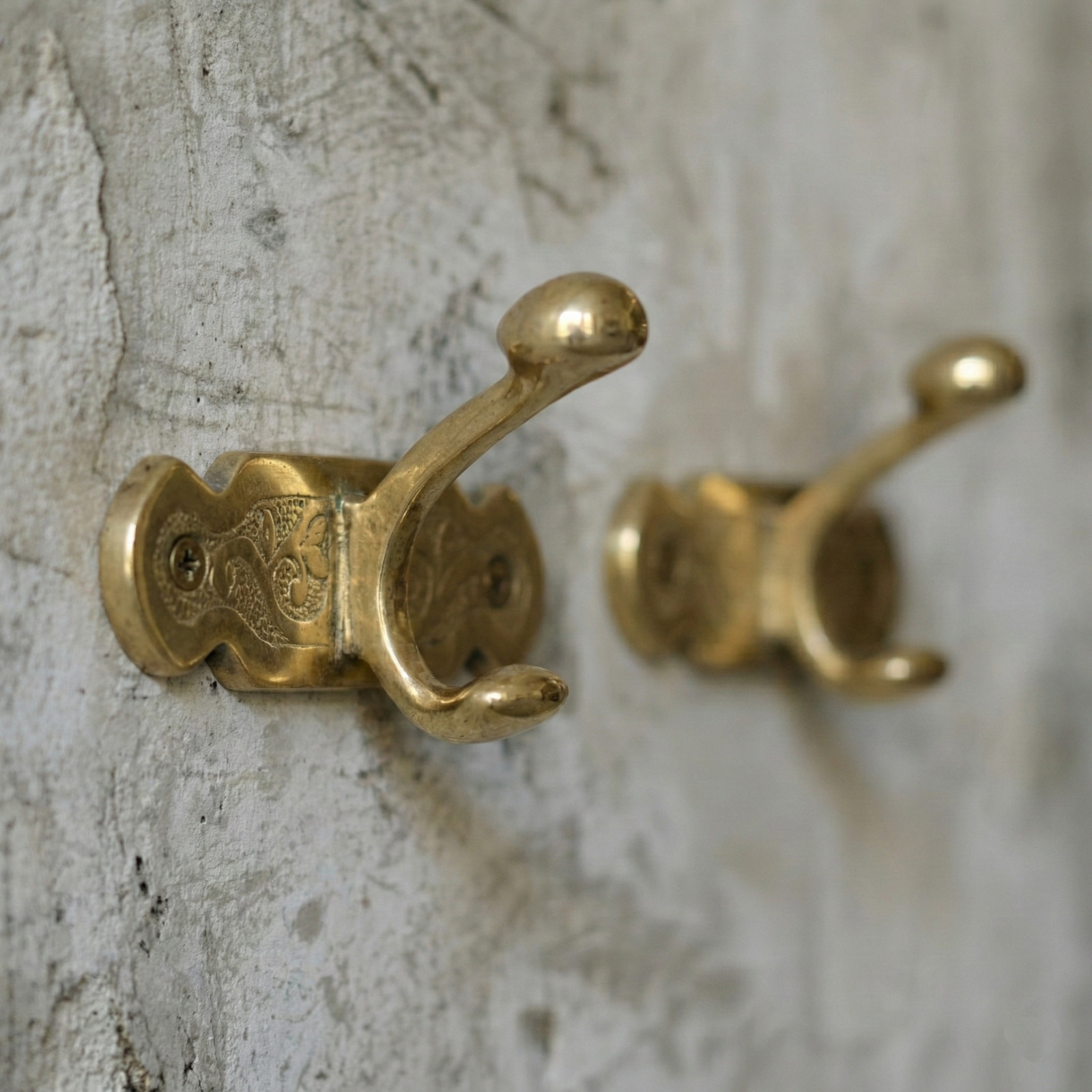 Unlacquered Solid Brass Antique Engraved Double Wall Hook
