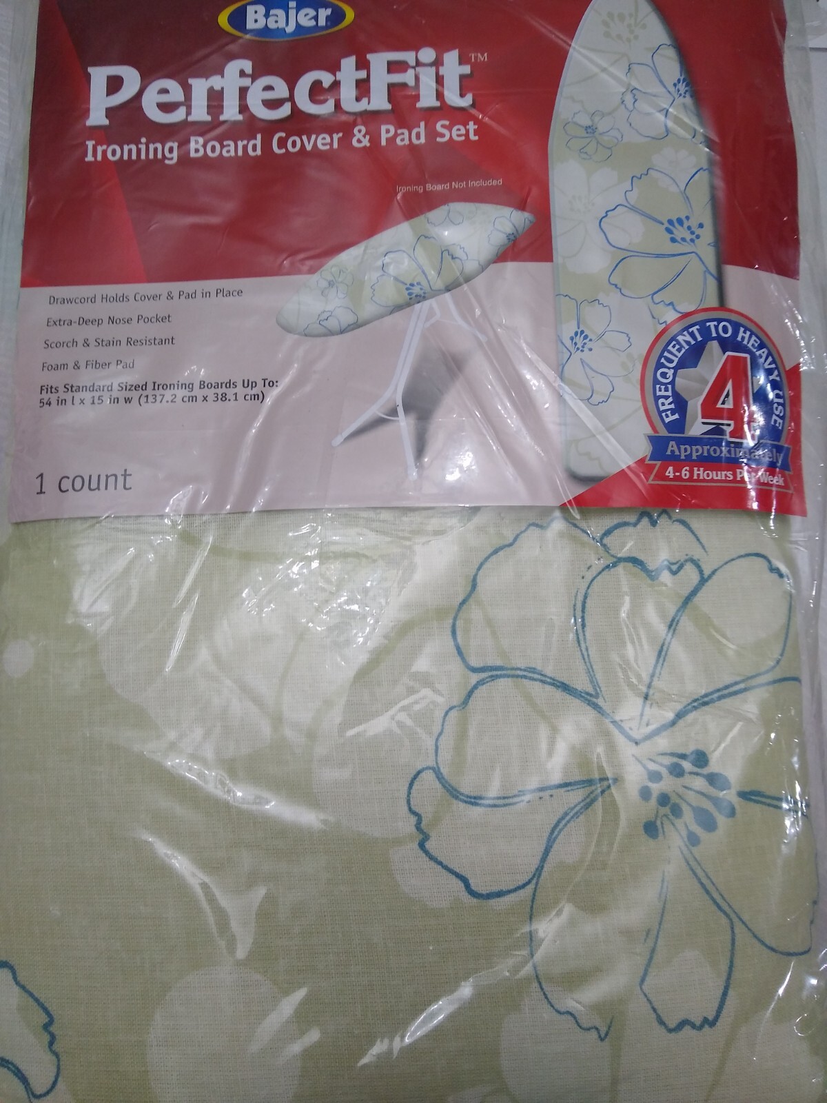 BAJER PERFECT FIT IRONING BOARD COVER & foam fiber PAD GREEN FLORAL 15 x 55
