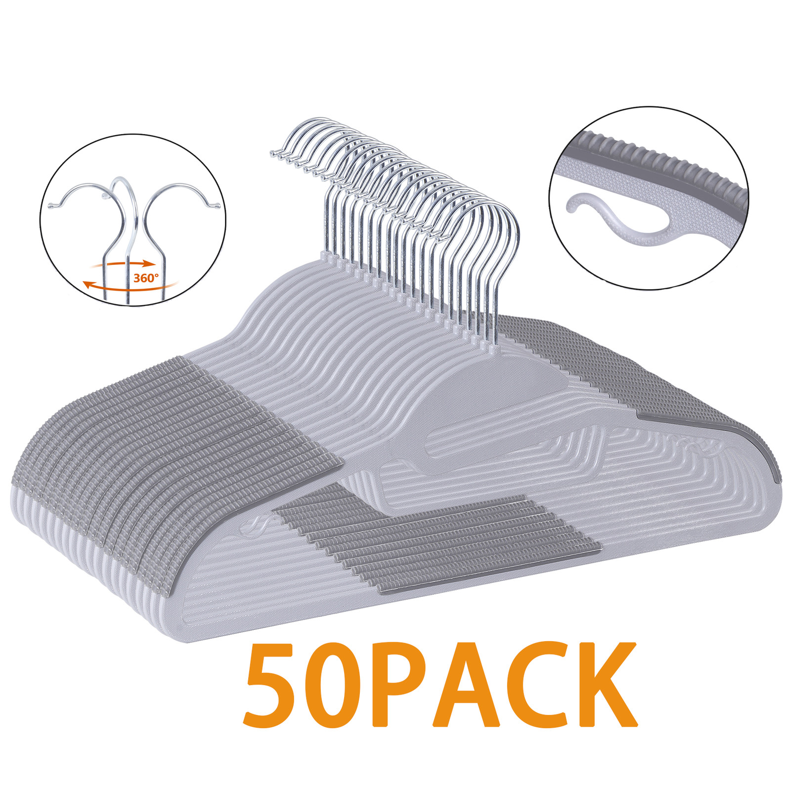 50 Pack Slim Plastic Hangers Non Slip for Clothes Heavy Duty 360° Swivel Hook