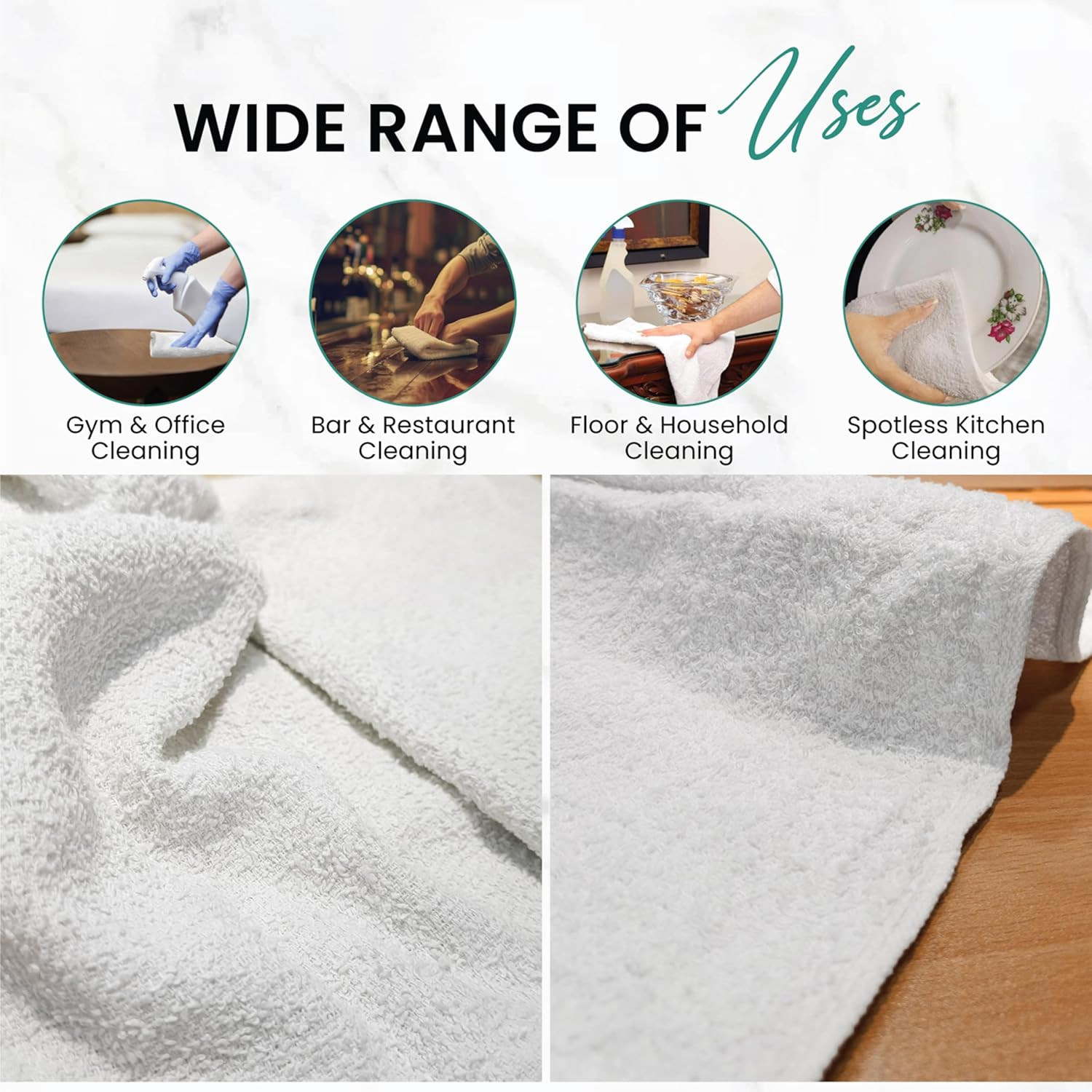 White Terry Bar Mop Towels 40 Pcs (Approx) – 100% Cotton Ultra-Absorbent Cleanin