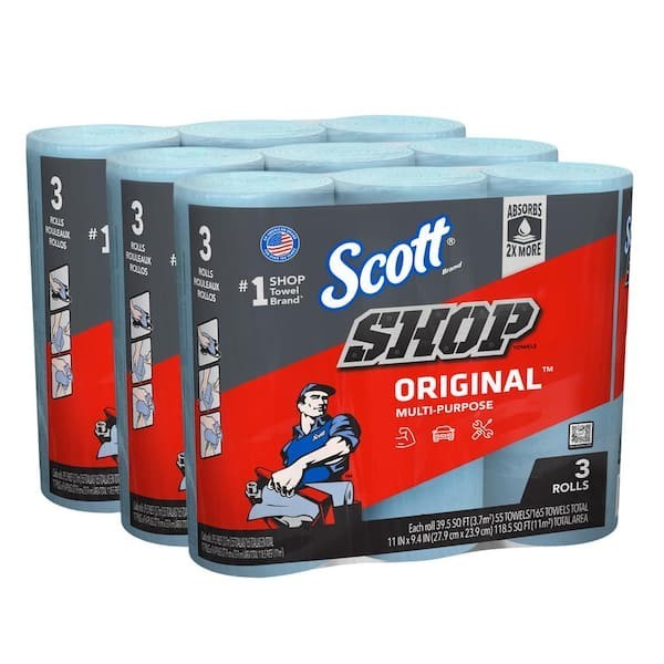 Blue Shop Towel Cleaning Wipes 3-Pack , Bundle of 9 Rolls