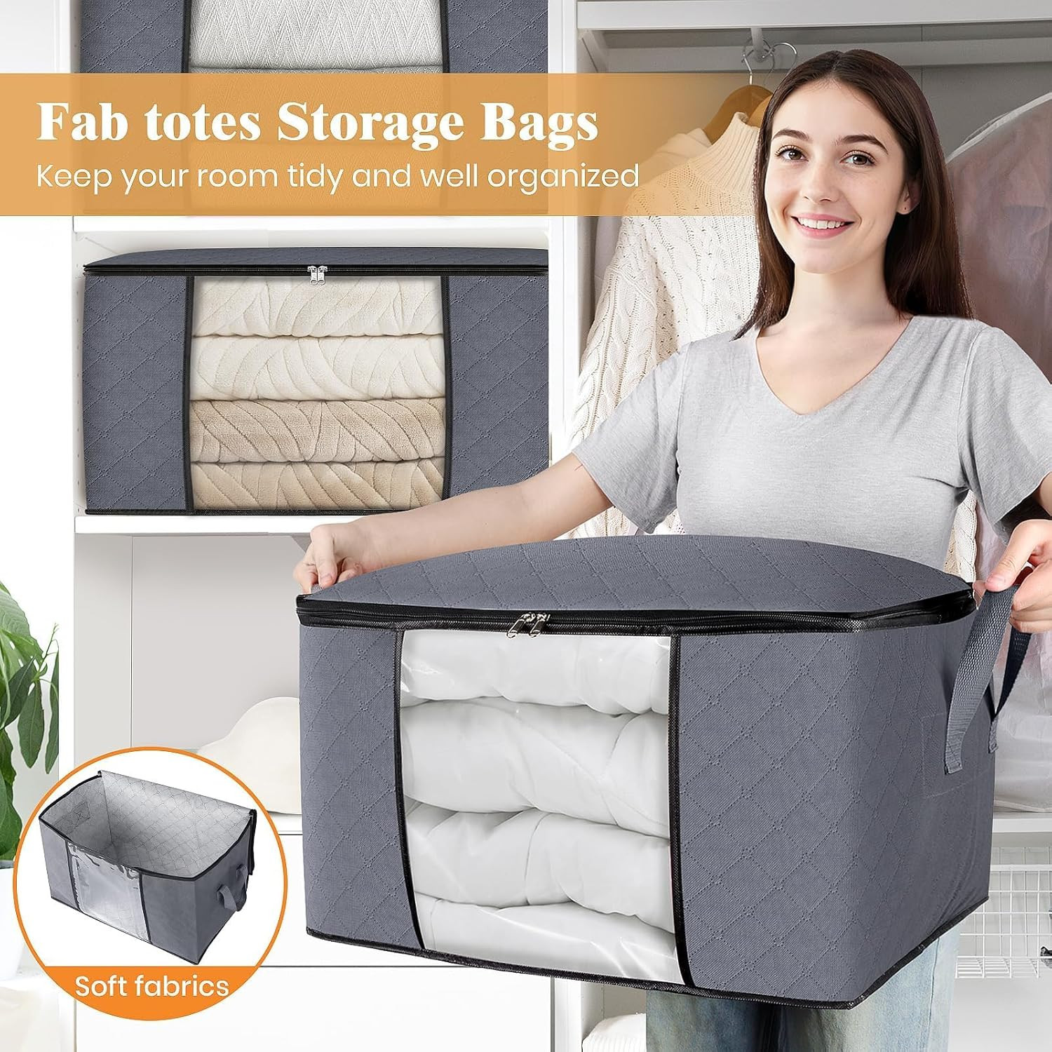 6 Pack Storage Bags for Clothes Blanket Storage Bins with Lids | Foldable Closet