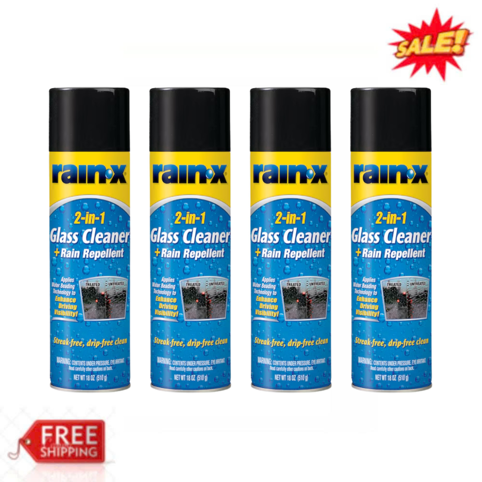 (4 Pack) Rain-X 2 in 1 Glass Cleaner & Rain Repellent Aerosol 18 oz 5080233W New