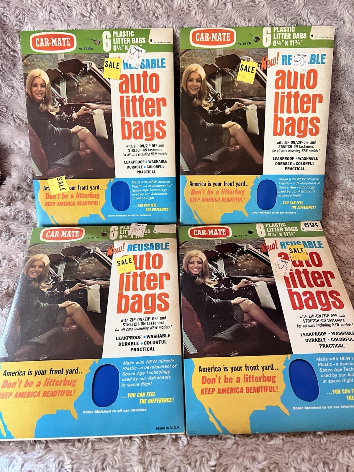 Lot Of 4 Vintage Car-Mate No.10CM Reusable Auto Litter Bags New NOS BLUE USA