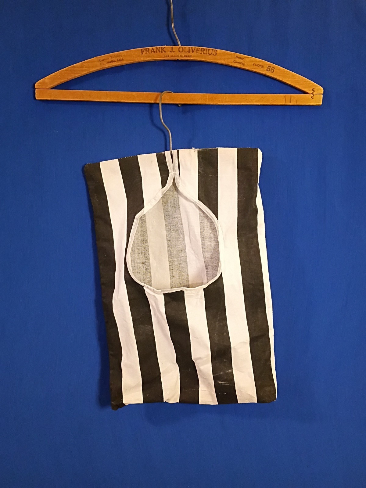 Vintage Black And White Striped Hanging Clothes Pin Bag Old Fashioned Worn Cloth