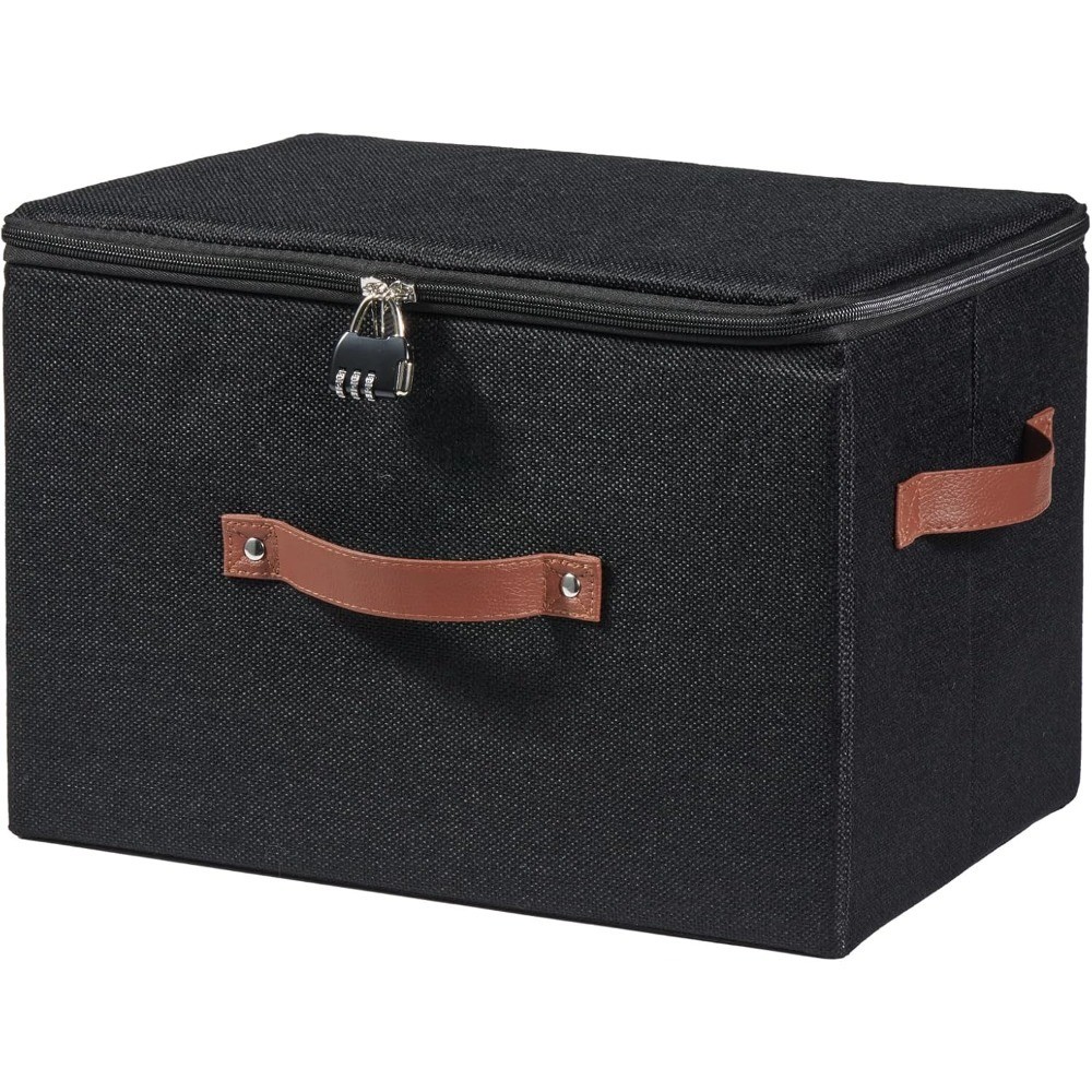 Storage Bins Boxes with Zipper Lid Combination Lock PU Leather Handles Cotton