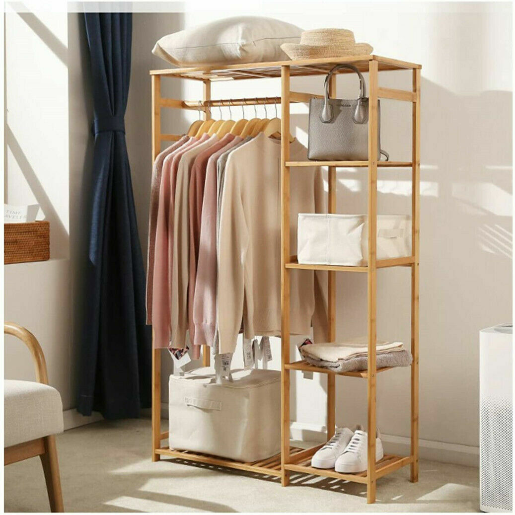 Bamboo Wood Garment Rack Clothes Hanging Stand Shoe Coat Storage Organizer Shelf
