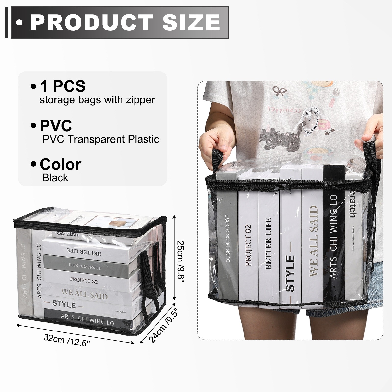 12.6×9.5×9.8in Clear Storage Bags, Plastic Storage Bags with Zipper,M, Black