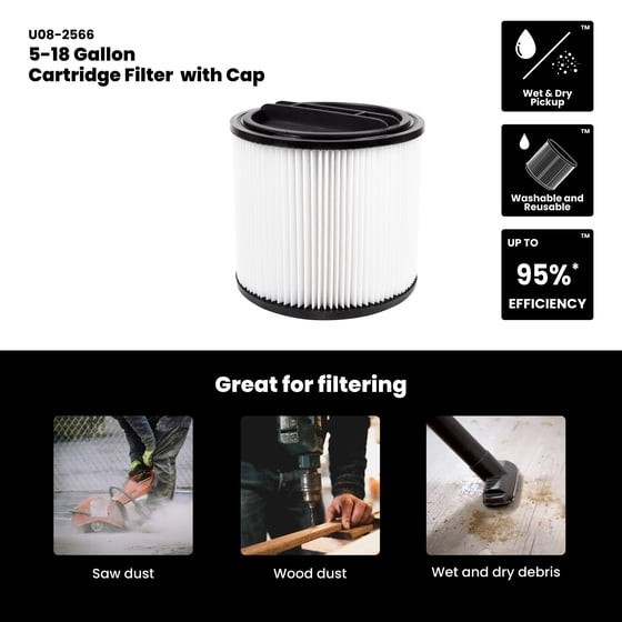 Universal Cartridge Filter with Cap for 5-18 Gallon Wet/Dry Shop Vacuums Replace