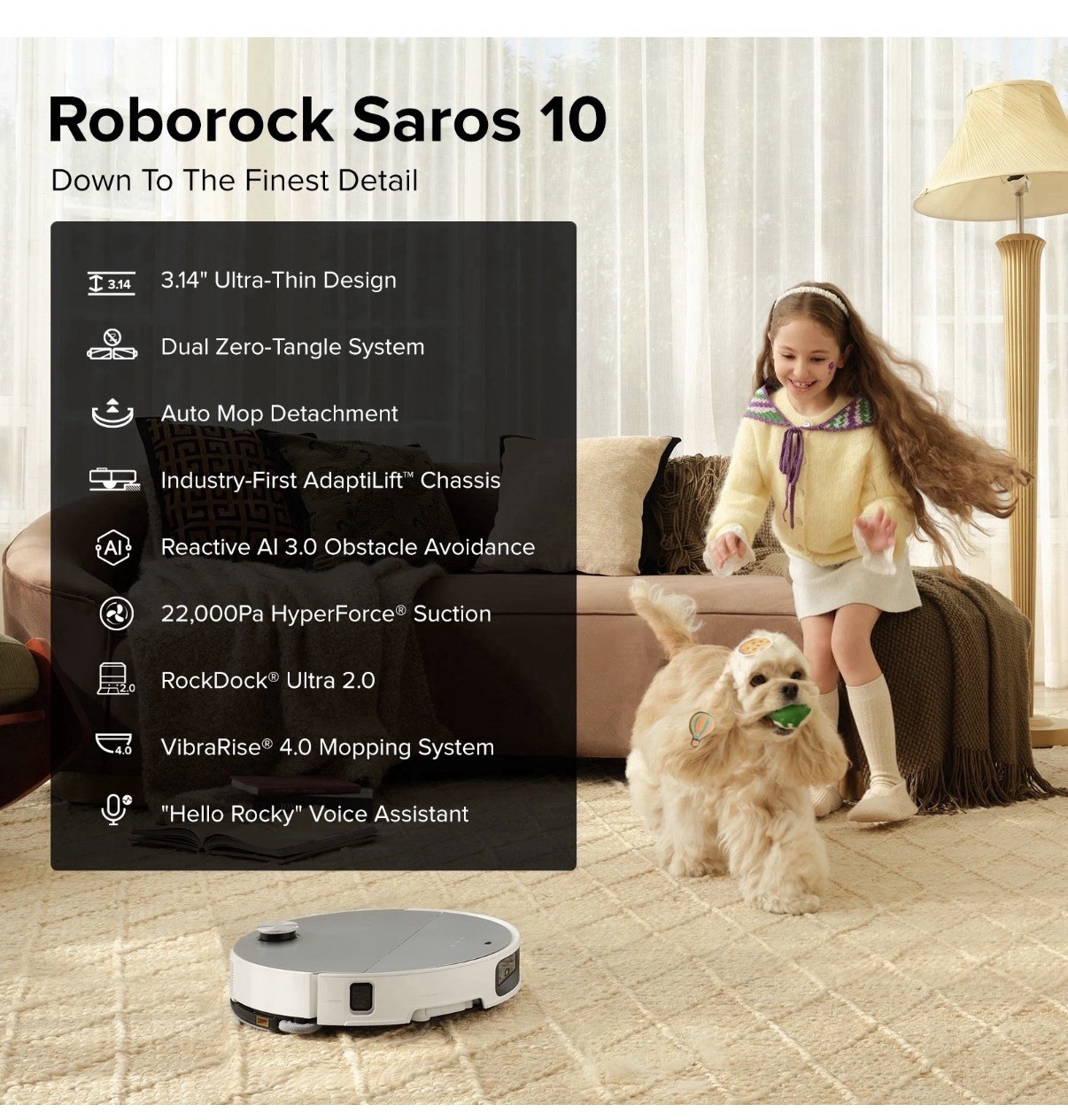 roborock Saros 10 Robot Vacuum and Mop, 22,000Pa Suction, AI Obstacle Avoidance,