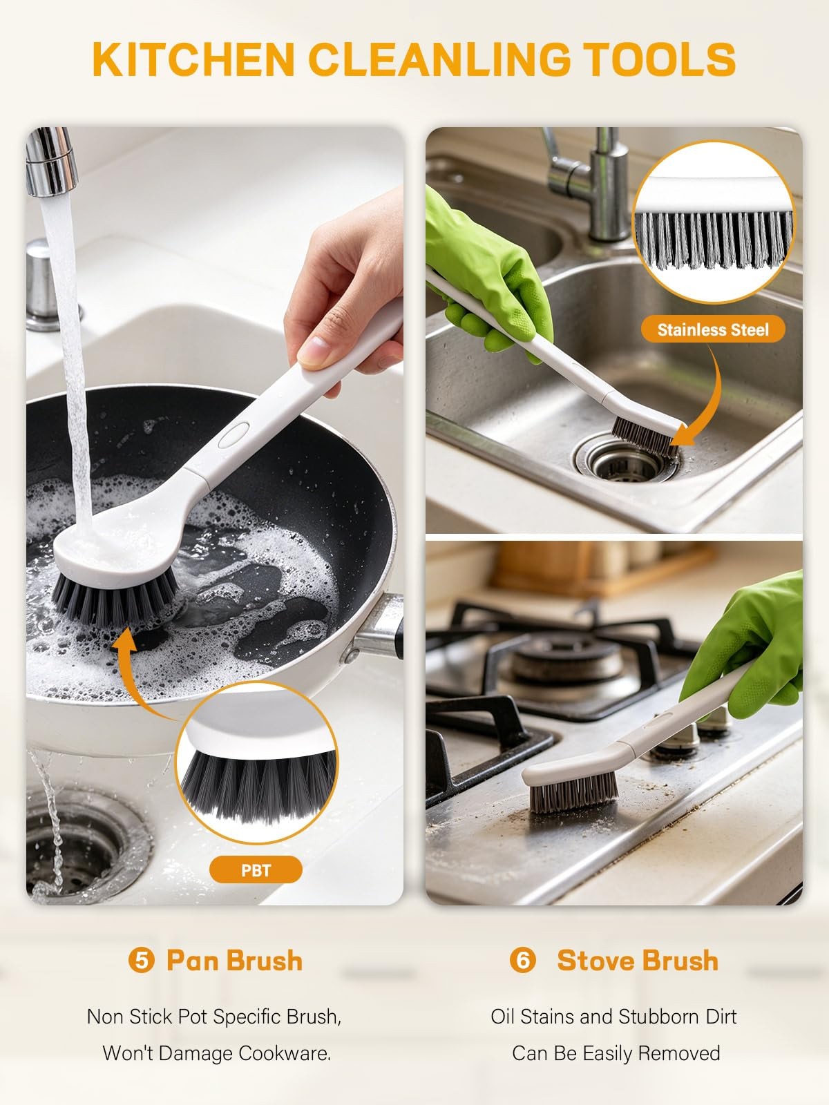 7 Pack Kitchen Cleaning Dish Brush Set with Storage Box for Pan Bottle White