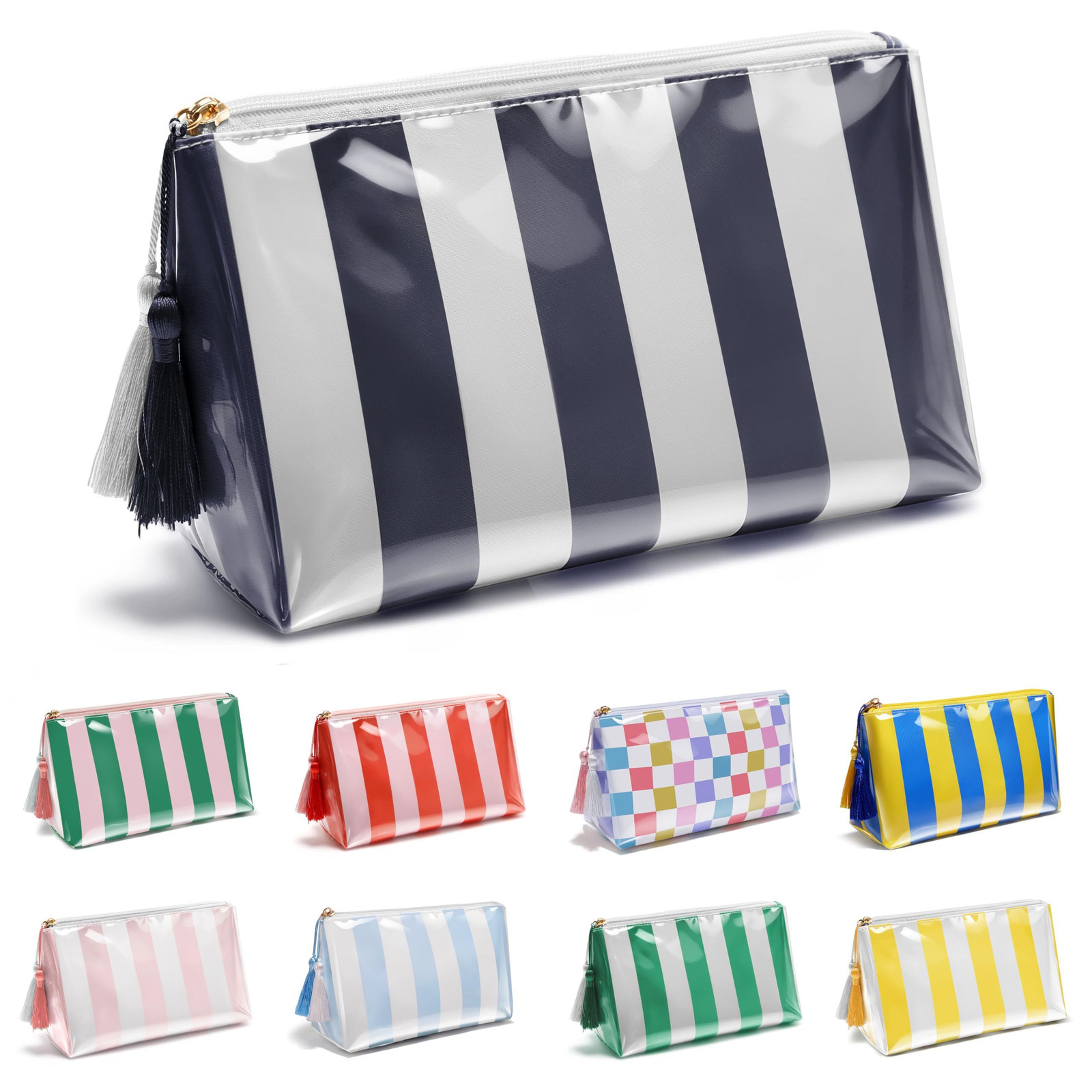 Fozira Makeup Bag for Purse, Small(9.84in*4.33in*5.91in), Blue+White Striped