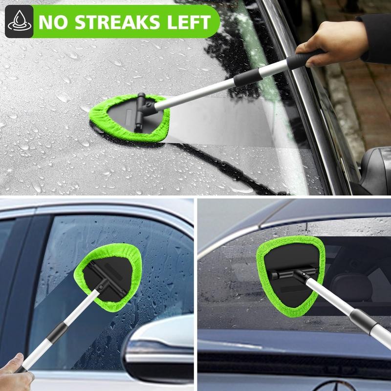 Car Windshield Cleaning Tool 23″ Extendable Handle 4 Reusable Pads In&Out Use