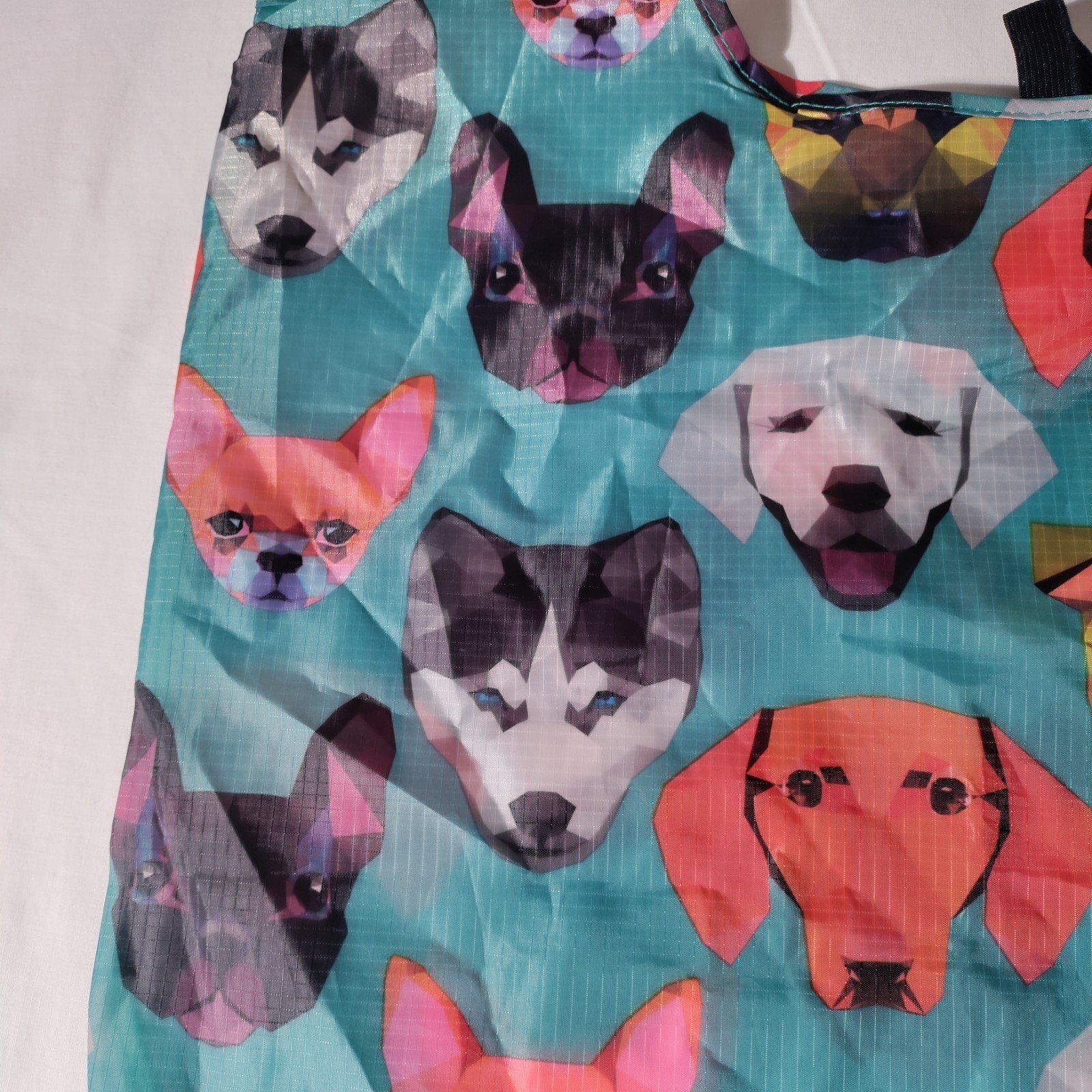 BeeGreen Reusable Nylon Shopping Teal/ Blue Tote Bag with Dog Faces All Over