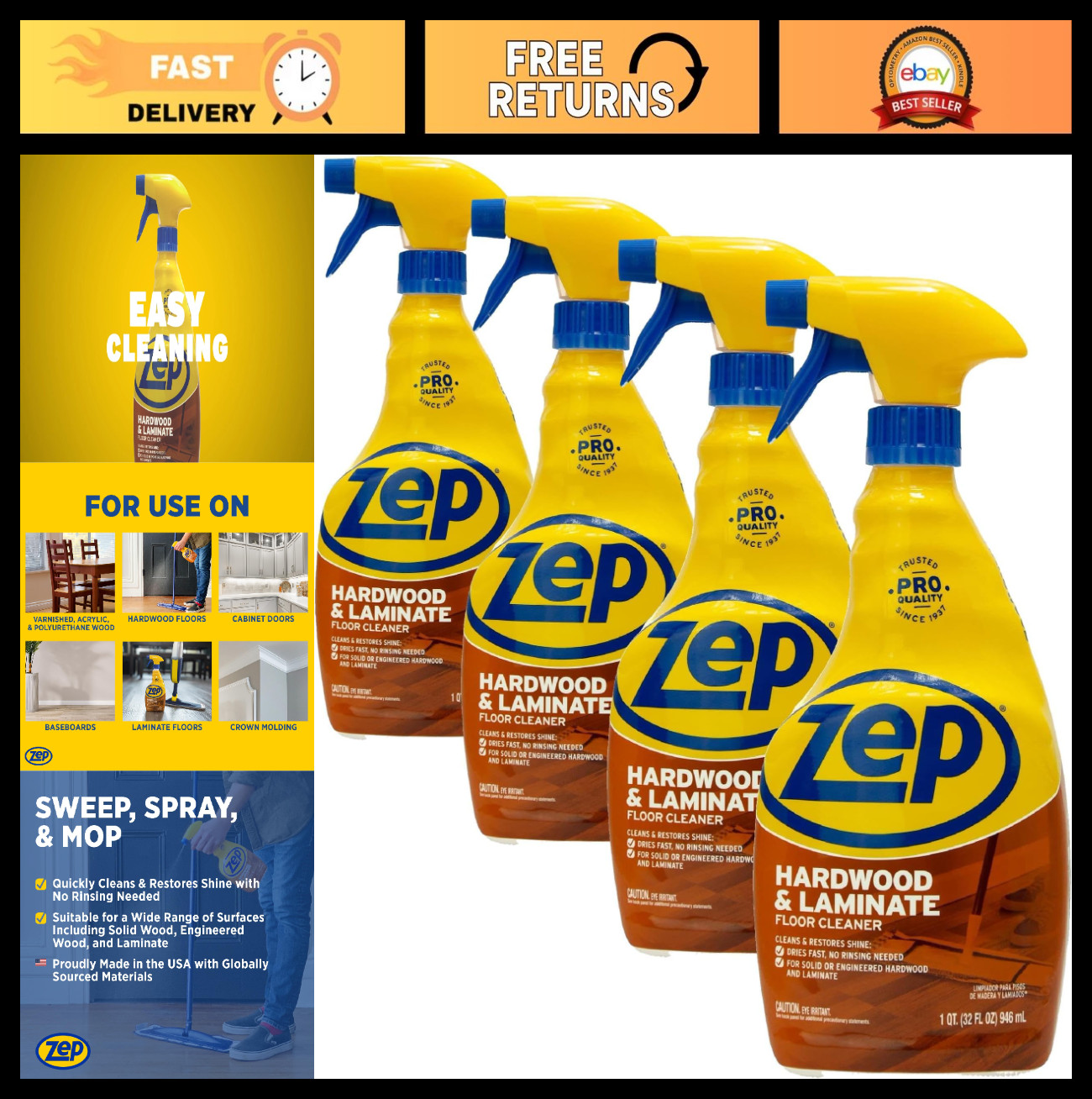 Hardwood & Laminate Floor Cleaner 32oz – Eco-Friendly, Streak-Free Shine (4 Pack