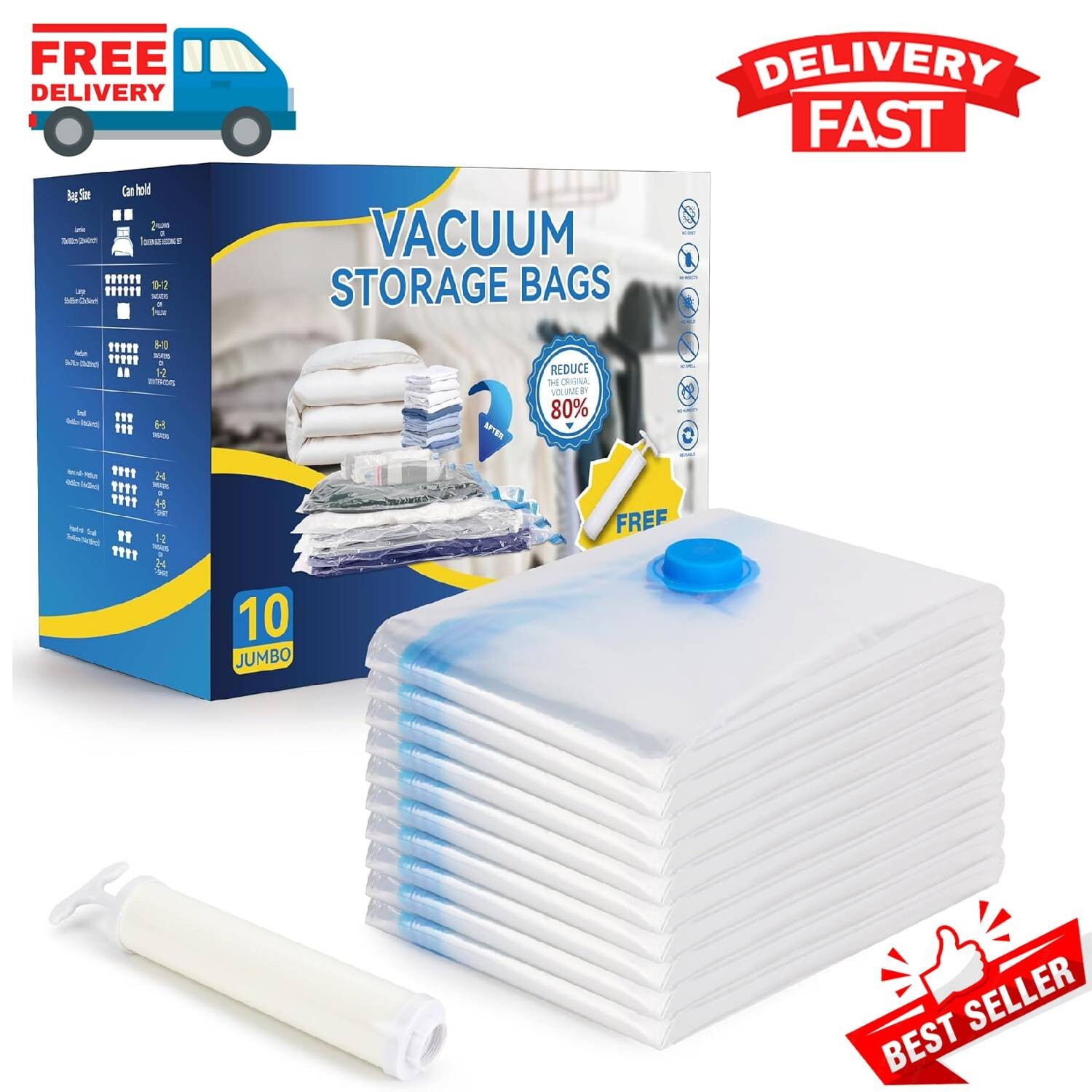 10 x Jumbo Vacuum Storage Bags Travel Space Saver Garment Seal Clothes Hand Pump