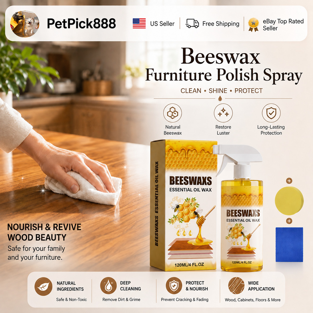 Beeswax Spray Essential Oil Wax,Multi-Purpose Furniture Polish,Wood Care Spray