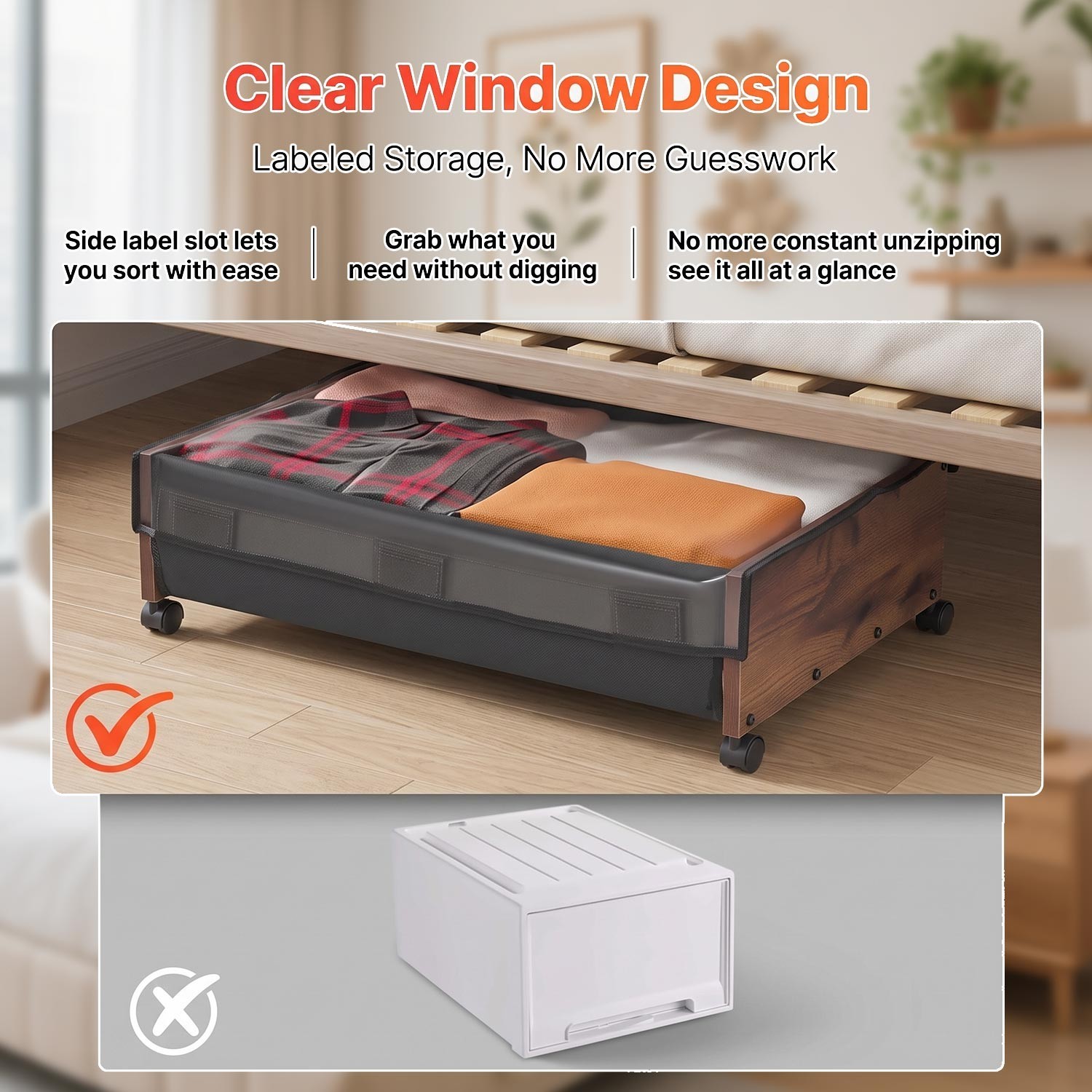 25.6in Under Bed Storage with Wheels 2 Pack Rolling Organizer Bags Clothes Shoes