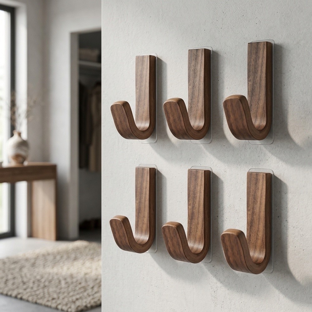 Walnut Wood Wall Hooks Easy Install No Tools 3.5 cm by 6.5 cm Dimensions