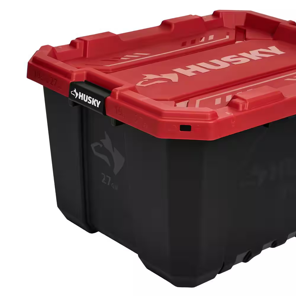 Husky 27 Gallon Storage Tote Bin Heavy Duty Stackable Lockable Lid Black Red