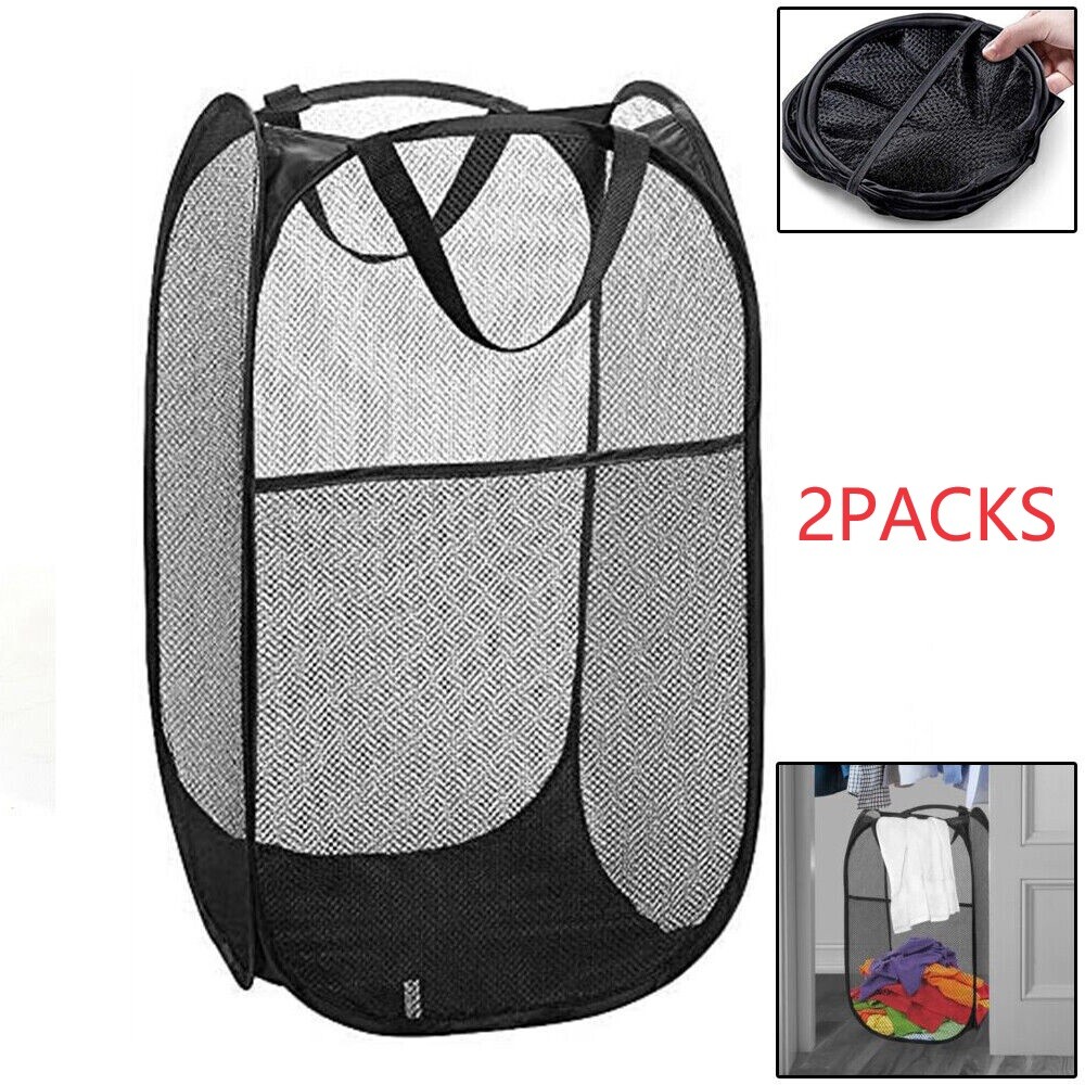2 Packs Collapsible Pop up Laundry Bag Foldable Hamper Large Mesh Clothes Basket