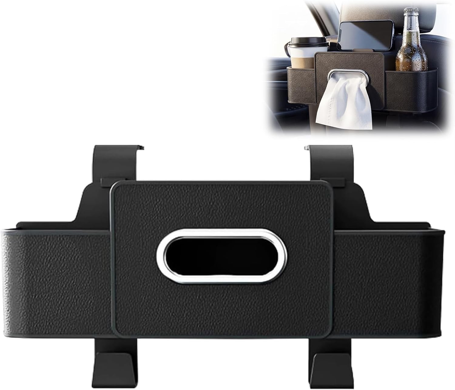3 in 1 Car Backseat Organizer with Cup Holder Tissue Box Trash Bin Hooks Black
