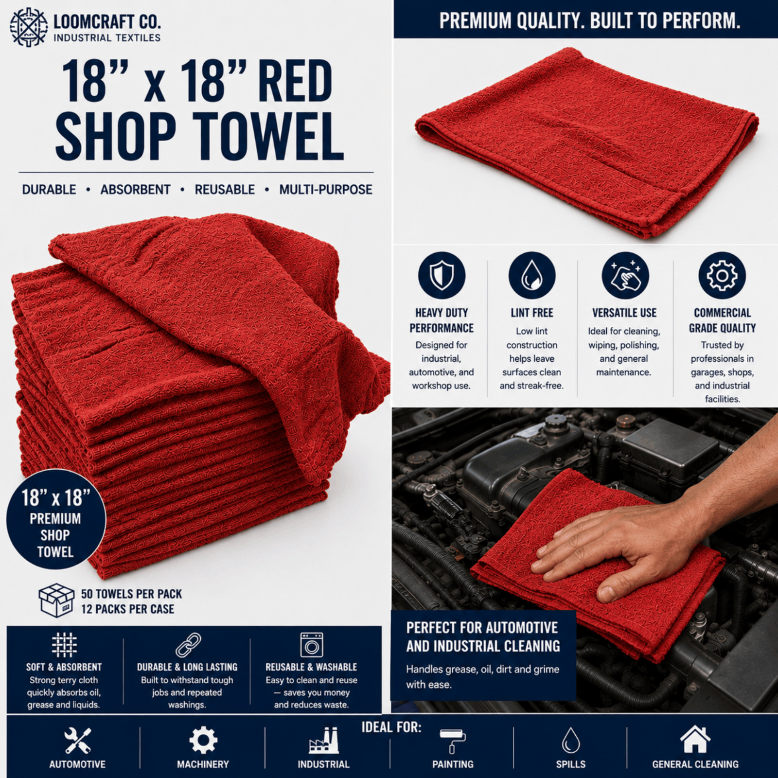 18×18 Red Shop Towel Heavyweight Commercial Mechanic Garage Cleaning Rag