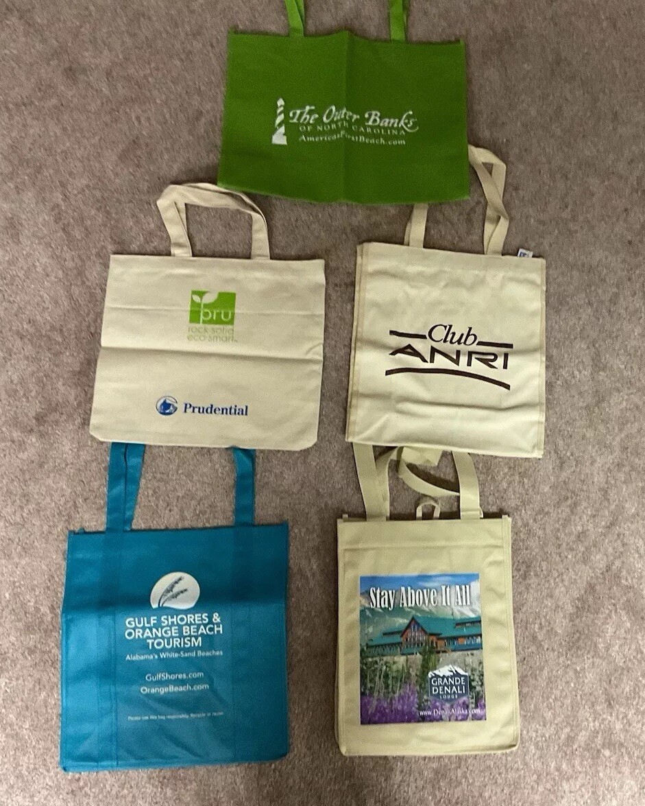 Lot of 5 Miscellaneous Sized Advertising Canvas Totes Bags.
