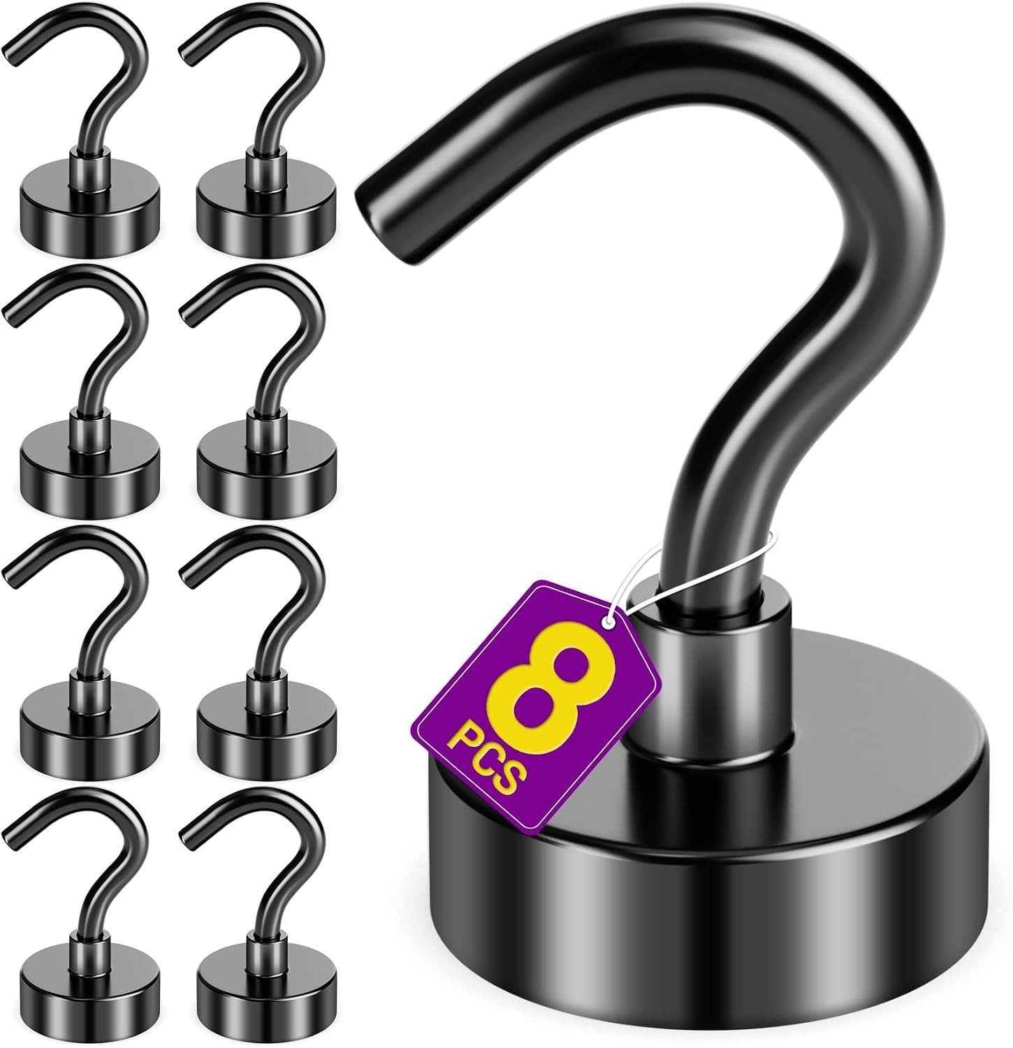 8 Pack Black Magnetic Hooks, 30 LB Strong Magnets with Hooks | Magnetic Hook for