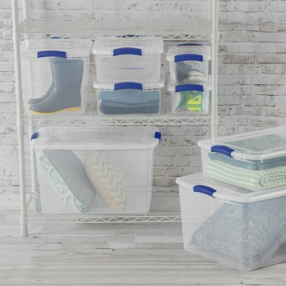 (3 pack) Sterilite 7 Quart Latch Box, Clear Plastic Storage Bin with Lid, Blue