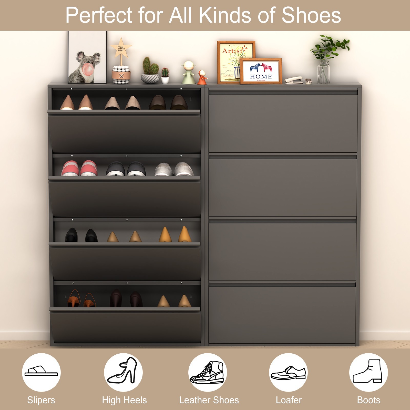 Metal Shoe Cabinet with 4 Flip Drawers, Wall Mount Shoe Organizer for Entryway