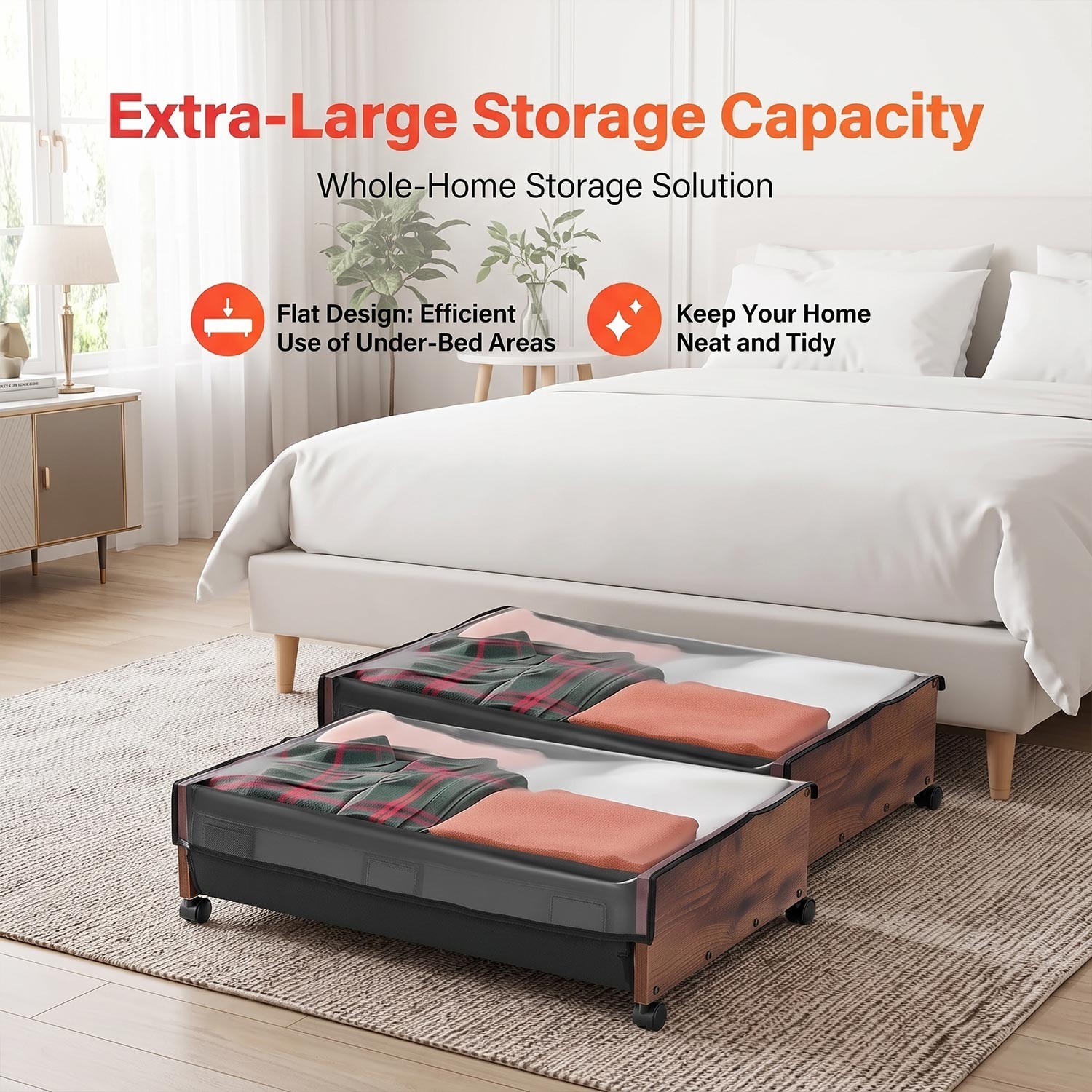 25.6in Under Bed Storage with Wheels 2 Pack Rolling Organizer Bags Clothes Shoes