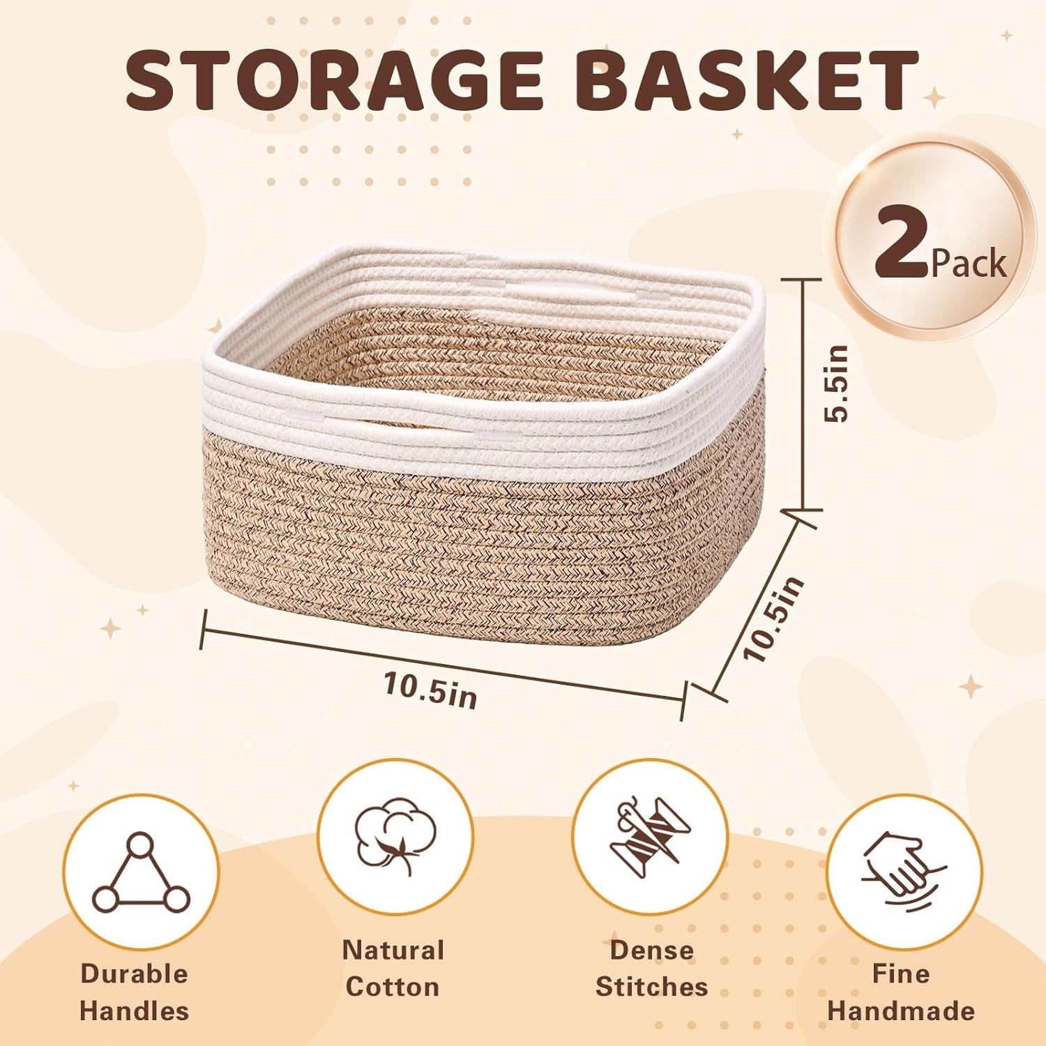 Storage Baskets for Shelves, 2 Pack Shallow Basket – 10.5″ x 10.5″ x 5.5″, Rope